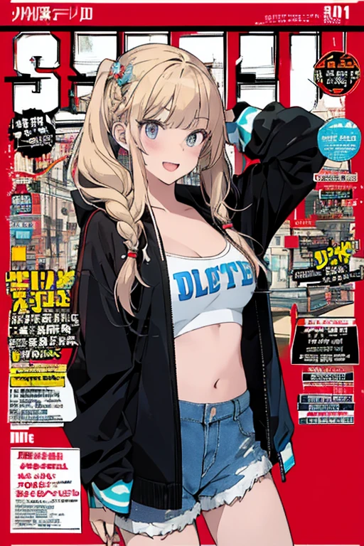 (small breasts:1.2), (perky chest:1.2), (pointed chest:1.2), (Pudding cake magazine cover:1.3),(from above:1.0),(shoot from the side:1.1),masterpiece, 1girl, Amazing Cleavage:1.1, thin waist, optimum,tmasterpiece,hight resolution,best qualtiy,hyper HD,super detailing,awardwinning,a 18yo cute girl,(The upper part of the body),anatomy correct,Beautiful Black miniskirt,garters,Gaze,Small face,bangss,holster,Beautuful Women,hands up,leg holster,Gaze,black boots,Cowboy Shot,cute face,a blond,Longhaire,Twin-tailed,Braids, Hairline,（scarlet eyes）,long eyelasher,Hanging eye corners,White skin of the, ((see through camisole:1.1)), ((Sheer nipples:1.0)),Rocket Tits,(Slim body),smile,seductive weak smiling,(with sparkling eyes and a contagious smile),little open mouth, Looking at Viewer, 