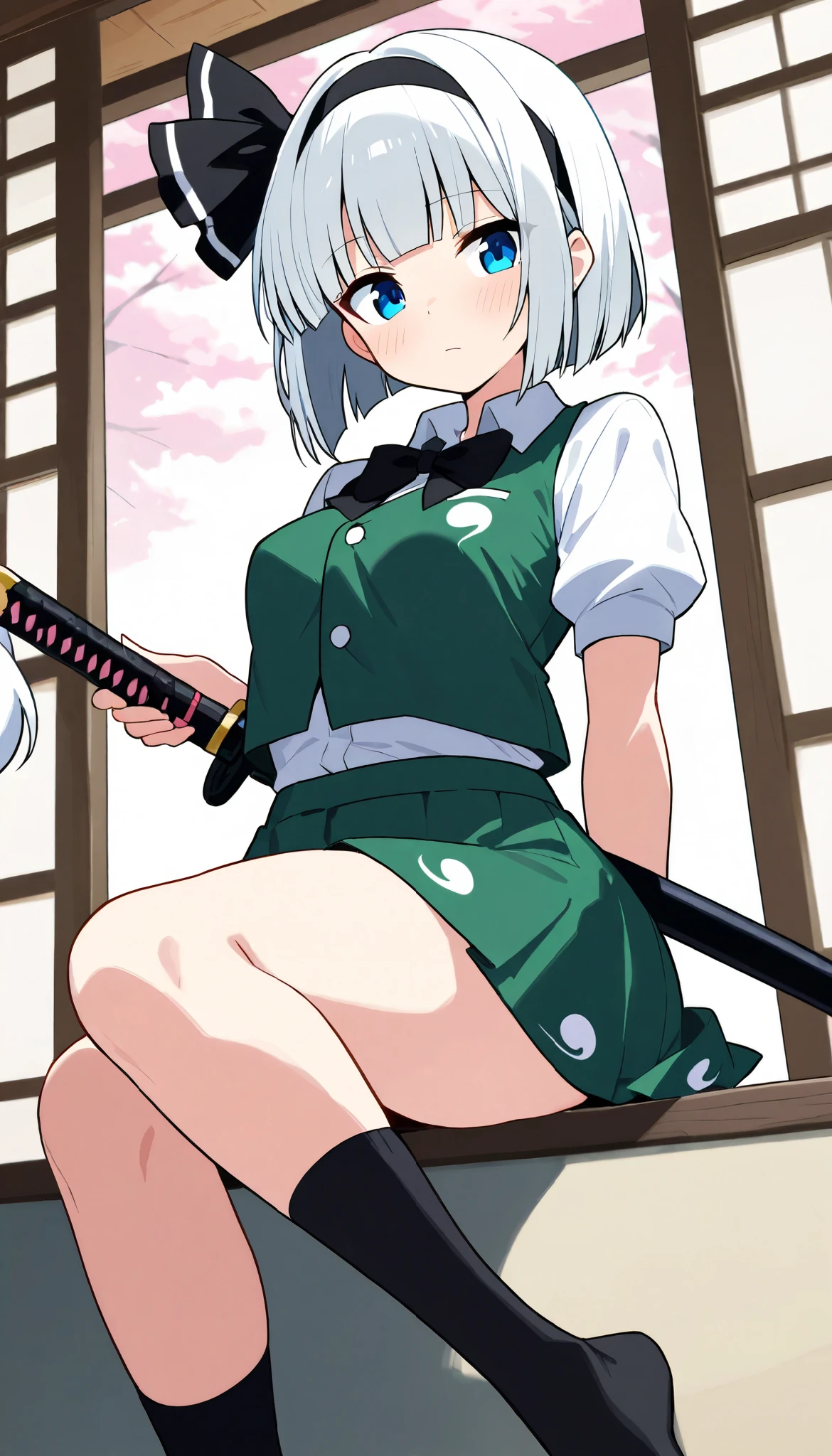 konpaku youmu, 1girl, white hair, short hair, blunt bangs, blue eyes, newest, highres, absurdres, highly detailed, best quality,
 weapon, holding sheathed katana:1.5, perfect katana,
hairband, hair ribbon, black ribbon, black bowtie, white shirt, collared shirt, green vest, green skirt, socks, katana
dim body, pointy breasts, curvy, no curves, narrow hips,
score_9, score_8_up, score_8,source_anime,