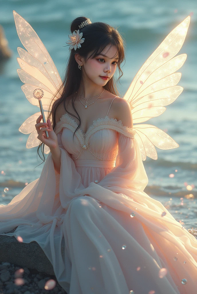 being thin、Photo of gorgeous 20-year-old Icelandic fairy wearing (White flowing dress:1.2) And (Delicate fairy wings:1.2), Grinning, (looking in camera:1.1), (Sateen:1.1), On the beautiful seaside:,, masutepiece, Barefoot, (Natural lighting:0.8), 8K, ((Realistic)), F/1.1, , the woods、covering the navel、hiding breast、Hide legs、(Curvaceous)femele(flawless skin:1.11)And(teats:1.1)、A smile、full body Esbian、Beautiful standing figure、Sea Fairy、Beautiful summer sky、Beautiful white shells