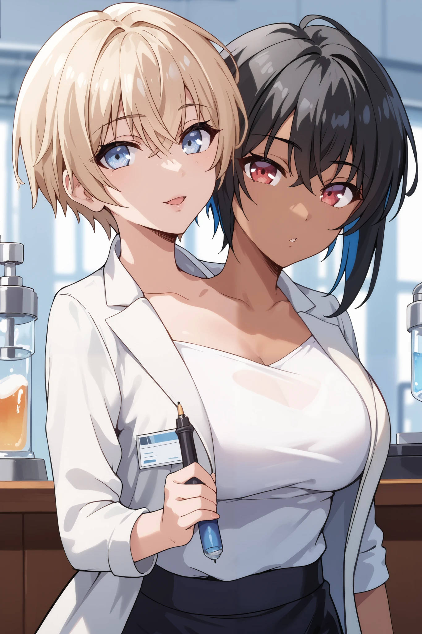 2heads, twoheads, a tall thin woman with 2 heads, blonde hair, black hair, blue eyes, red eyes, half dark skin and light beige skin, two tone skin, light beige skin, dark skin, half color skin, two color skin, short hair, lager breasts, white shirt, lab coat, black pencil skirt, laboratory, front shots, upper body, tomboy