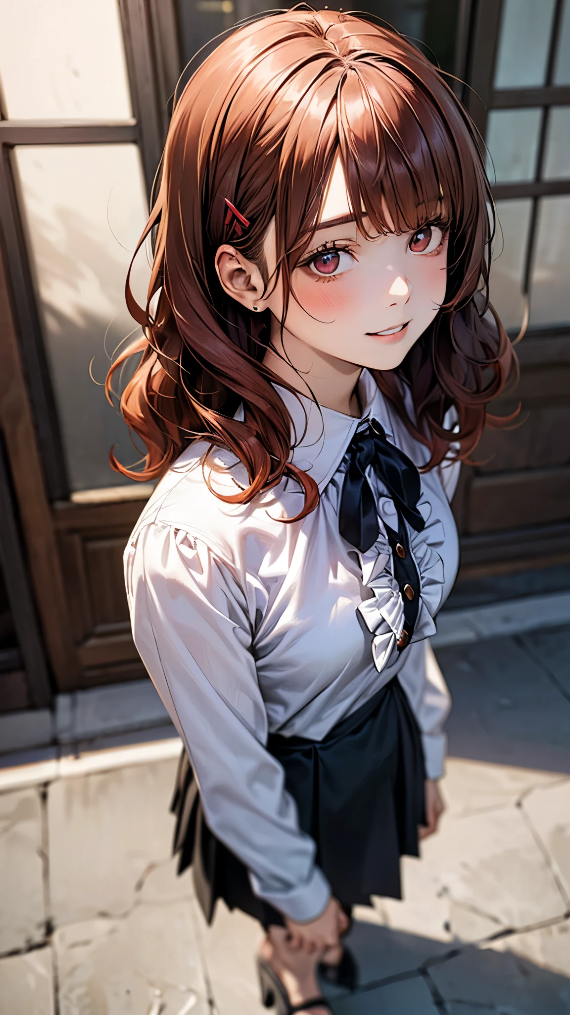 Anime girl with long brown hair and a white shirt and black skirt ...