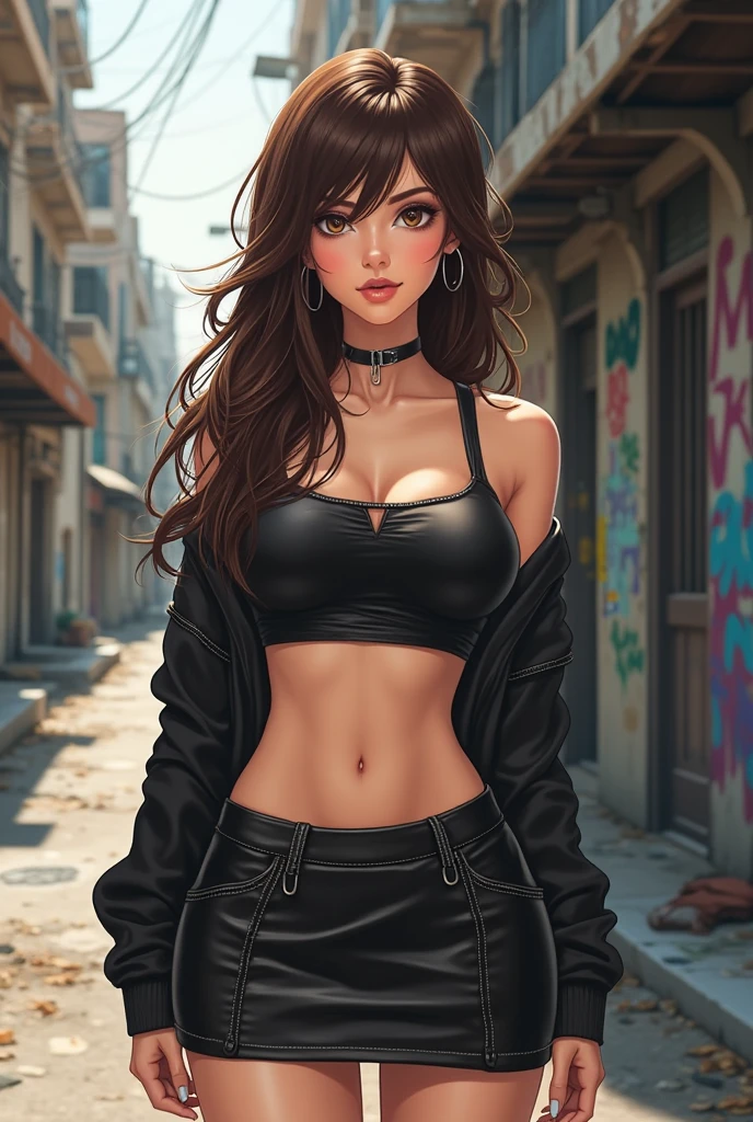 Dibuja una chica version anime tono standingl clara cabello castaño largo , voluptuous,, Black Panther sweatshirt and white thong underwear in the city of Italy , standing