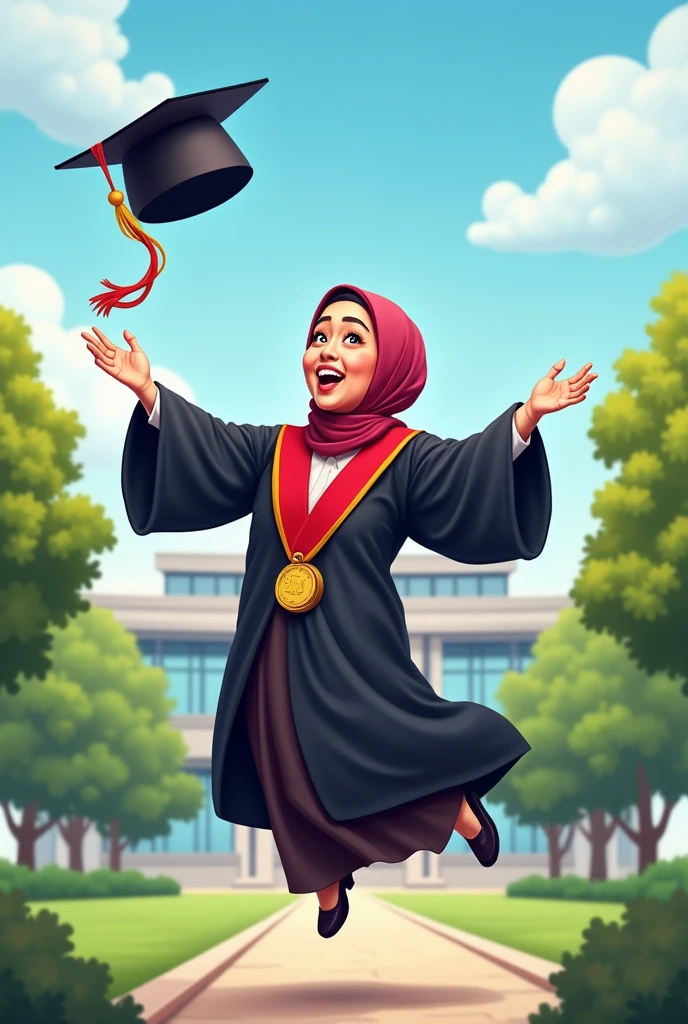 Chiby cartoon, A women wearing hijab, pastel brown color hijab, wearing black graduation hat, wearing pastel blue graduation hood with yellow color on the edge, wearing black graduation gown, Long graduation gown that covers the ankles, wearing black shoes, , flower garden background , Bicycle background with flower basket , kawaii theme designs, kawaii poses