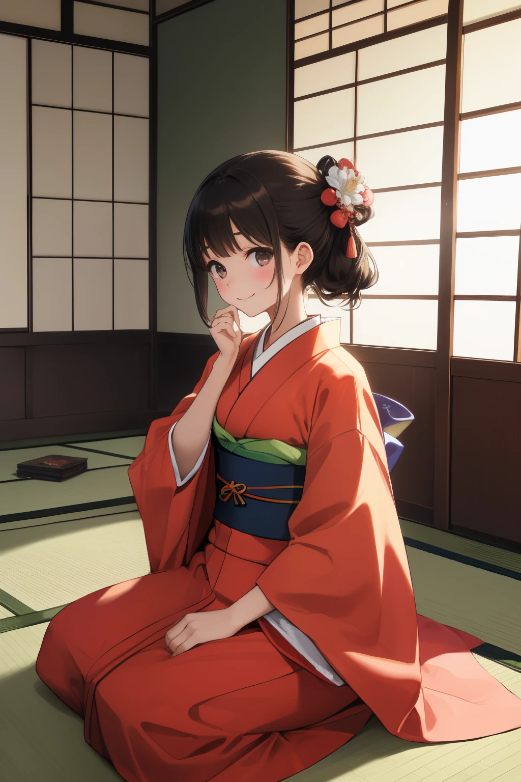 Anime girl in kimono outfit sitting on floor with hand on chin - SeaArt AI