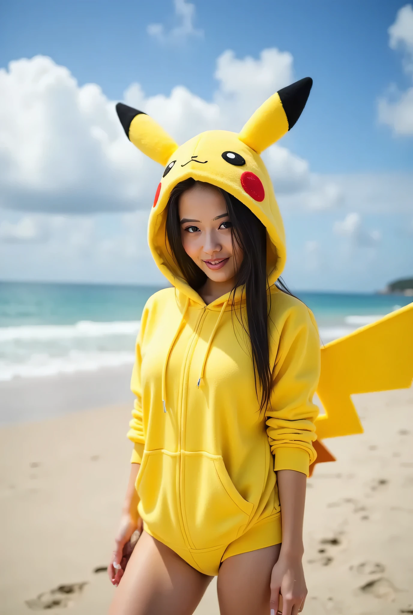woman in pikachu costume , on a beach, thighs