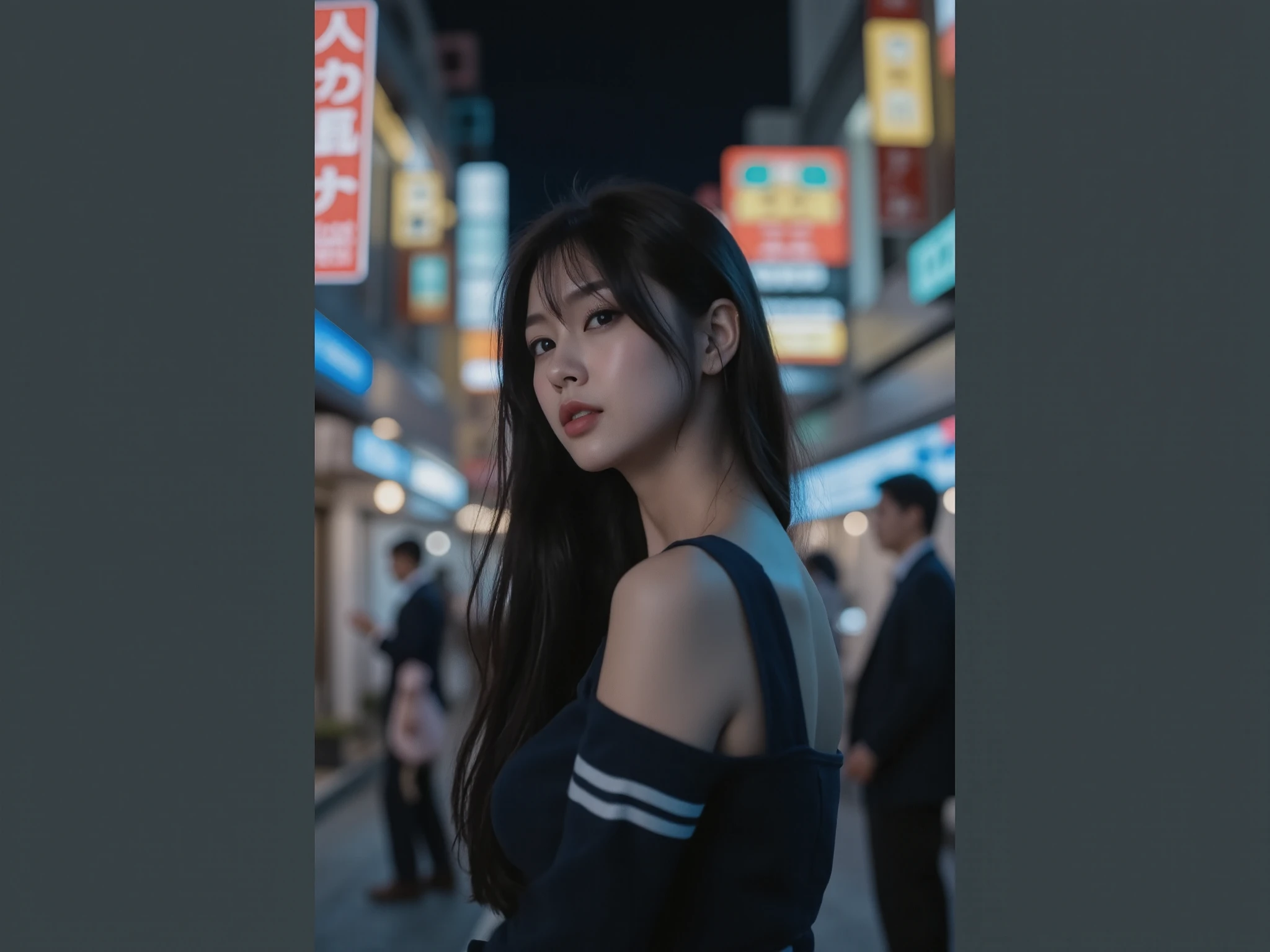 A beautiful woman in gyaru makeup wearing school uniform on the bustling streets of Gintama, surrounded by vendors, beautiful portrait of a stunning goddess girl, beautiful detailed face, porcelain skin, half body shot, centered,(black hai,navel:1.2),((moonlight,night,big neons,strong neon lighting,rim lighting,two tone lighting))),