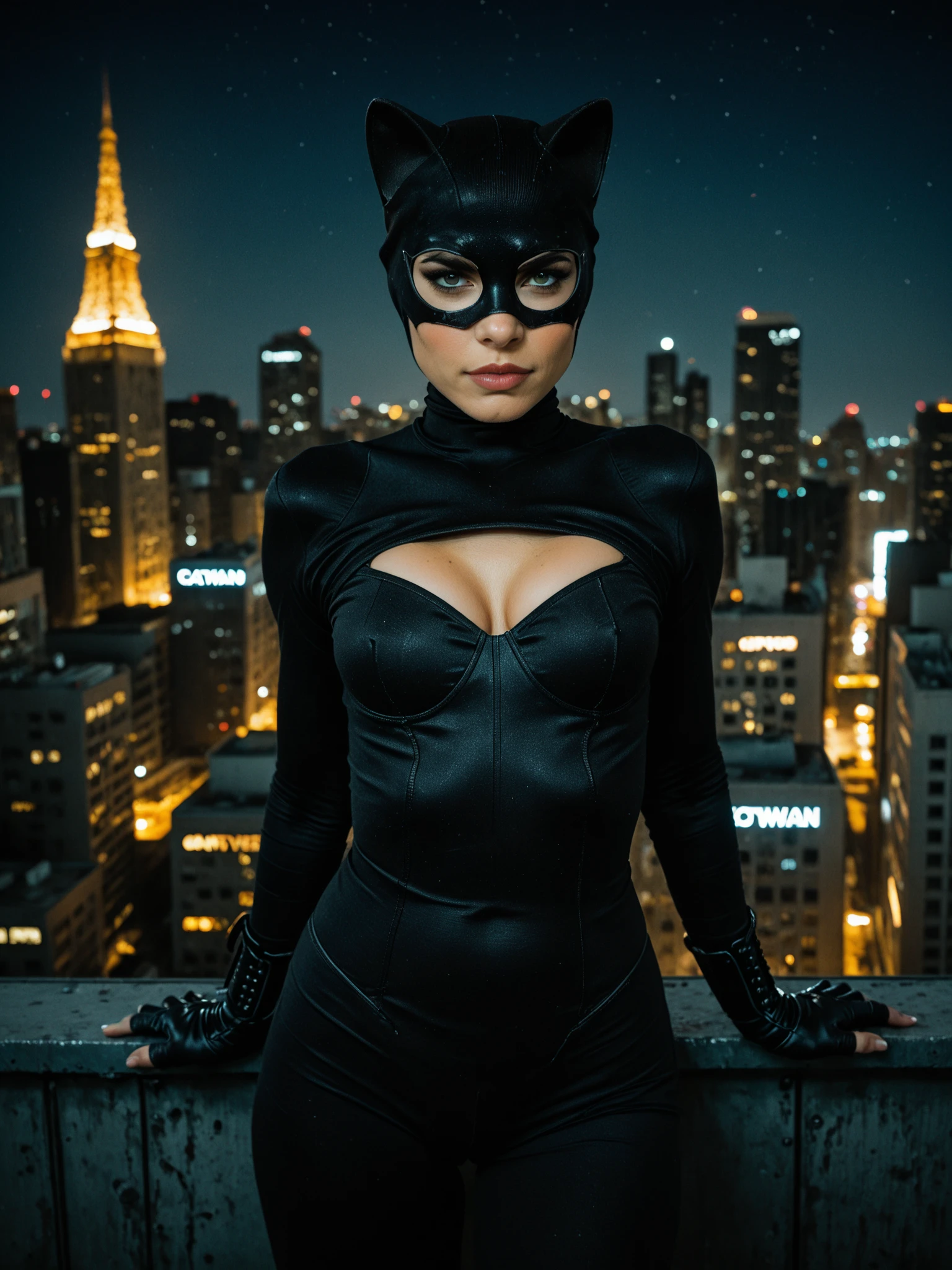 (​masterpiece、4K resolution、A hyper-realistic、ighly detailed)、(Black Superheroes theme、Charisma、There is a girl in a Catwoman costume above the town、She's a superhero)、 [((25-years old)、(Long grey hair:1.2)、full body Esbian、(blue eyess:1.2)、((Catwoman Pose)、show of strength、Jump from one building to another)、((Sandy environment):0.8)|(A city scape、natta、Dinamic Light)、(fullmoon)]#illustrate:Prompts are mainly ultra high definition、very real、Describes highly detailed 4K paintings。A superheroine in a Catwoman costume is depicted at the top of the city。The photo theme is a black superhero theme。(((posterior view))),Close up angle shot, Neon lights, (((Shooting from below))),