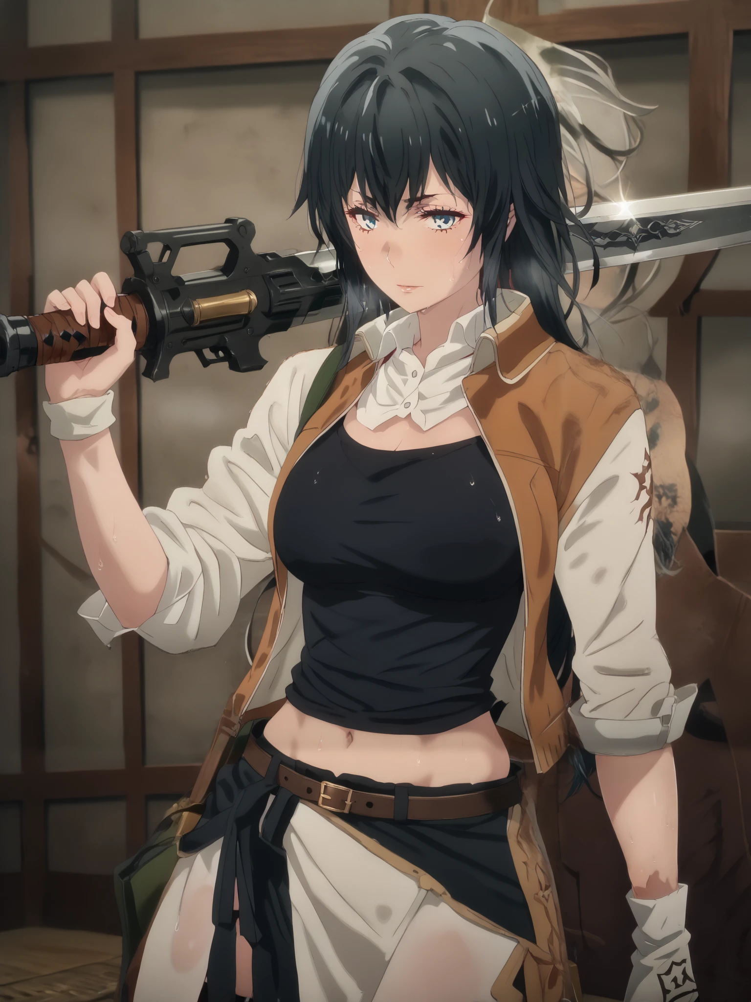 score_9, score_8_up, score_7_up, score_6_up, uncensored, Yukinoshita Yukino, black hair, long hair, blue eyes, naughty face, horny face, anime coloring, anime screencap, (voluptuous:1.3), (thick:1.3), BREAK UHD, retina, masterpiece, accurate, anatomically correct, textured skin, super detail, high details, high quality, award winning, best quality, highres, 4K, excessive sweating, sweating, sweating drop, (gasping, heavy breathing:1.3), (skindentation:1.2), perfect eyes, beautiful eyes, eyelashes, makeup, detailed body, perfect body, BREAK, 1girl, weapon, solo, holding, holding_weapon, navel, looking_at_viewer, breasts, weapon_over_shoulder, over_shoulder, jacket, midriff, belt, sword,