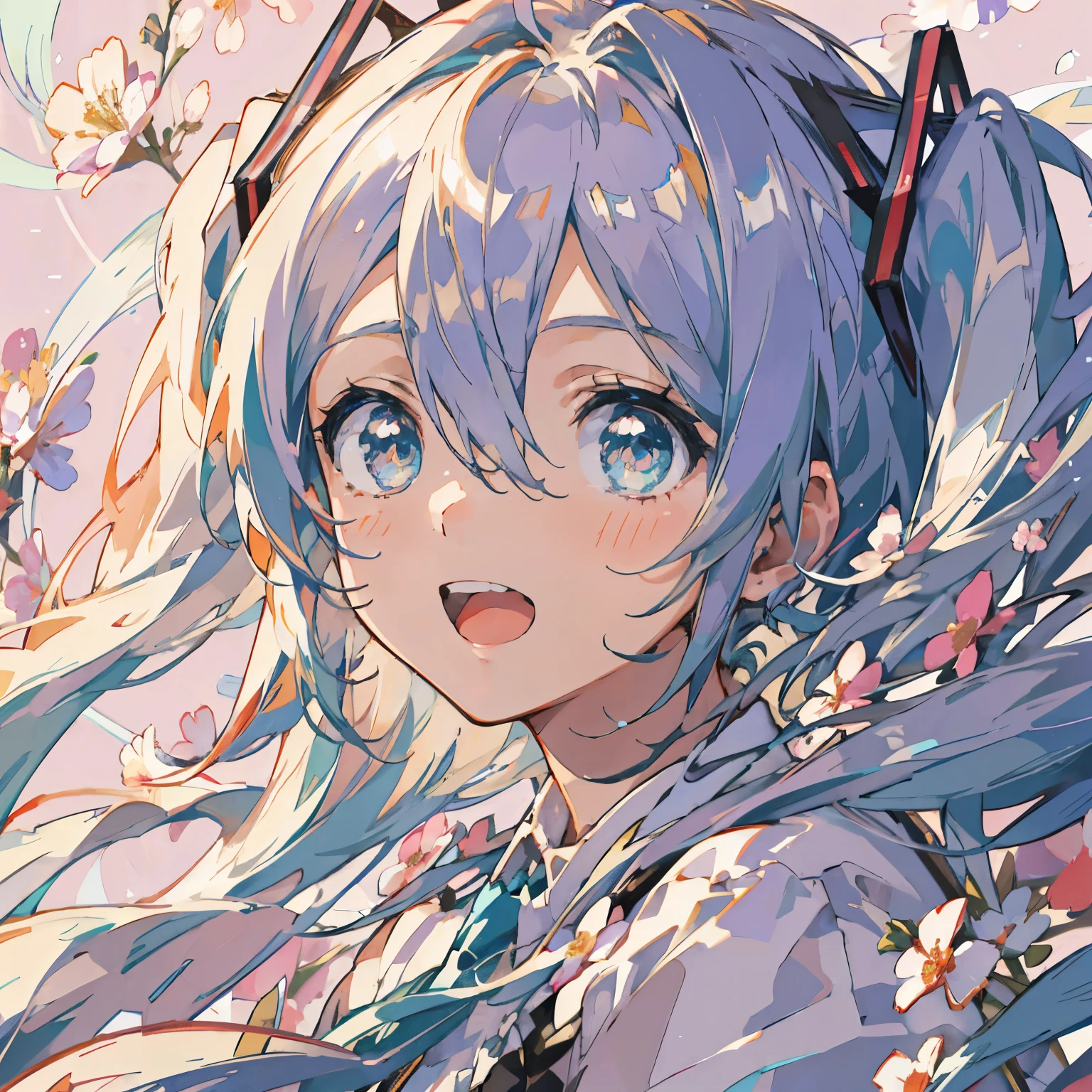 Hatsune Miku, high res, top quality, upper body, floral background , long hair, staring at God , Brush, smile, Open Your Mouth ,