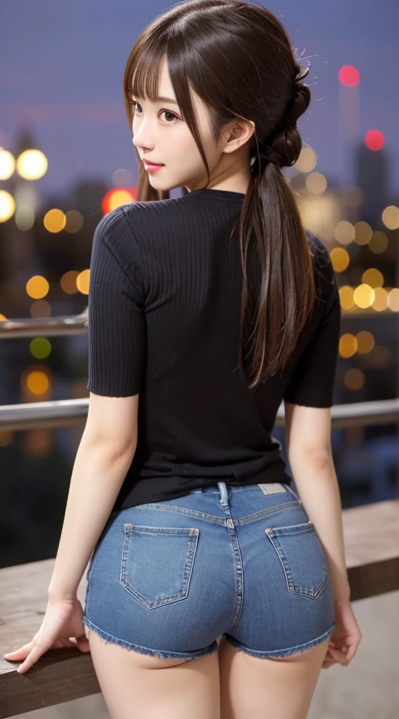 woman、her hands are tied、((put your hands behind your back))、((Place your hands together and cross them behind your back))、(((Her wrists are tied with rope)))、shibari、Beauty、20Year、university student、(anatomicaly, Has two arms and two hands)、In a lighted hotel room、Standing by the window、Outside the window is the night sky、There are many stars、Wearing a short-sleeved blouse、Wear a high school student-style miniskirt、Uniform eyes、Proportional ratio、Small breasts、Small face、(I can see from head to heel), Black Hair, bangs, swept bangs, Straight hair, Nervous, Messy Hair, Floating hair, Cinema Lighting, tachi-e, First-person view, throw, From behind, F/1.2, Nikon, Surrealism, 超High resolution, Highest quality, High resolution, 8k, Textured skin, anatomicaly正しい体,