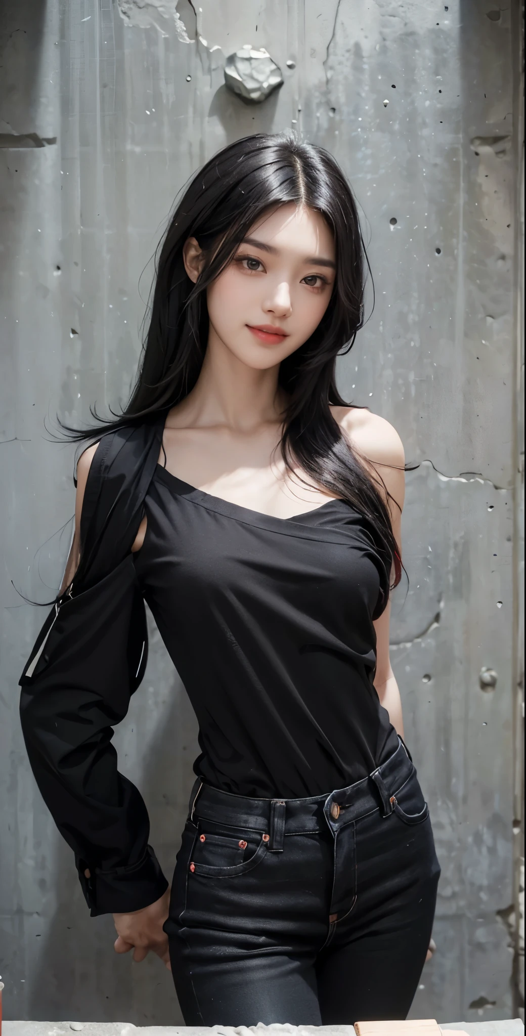 1 girl, 16 years old, blackhair, long waist length hair layered and parted in the middle hair, large black eyes, skinny body , small breasts, side profile, looking at viewer, 8k