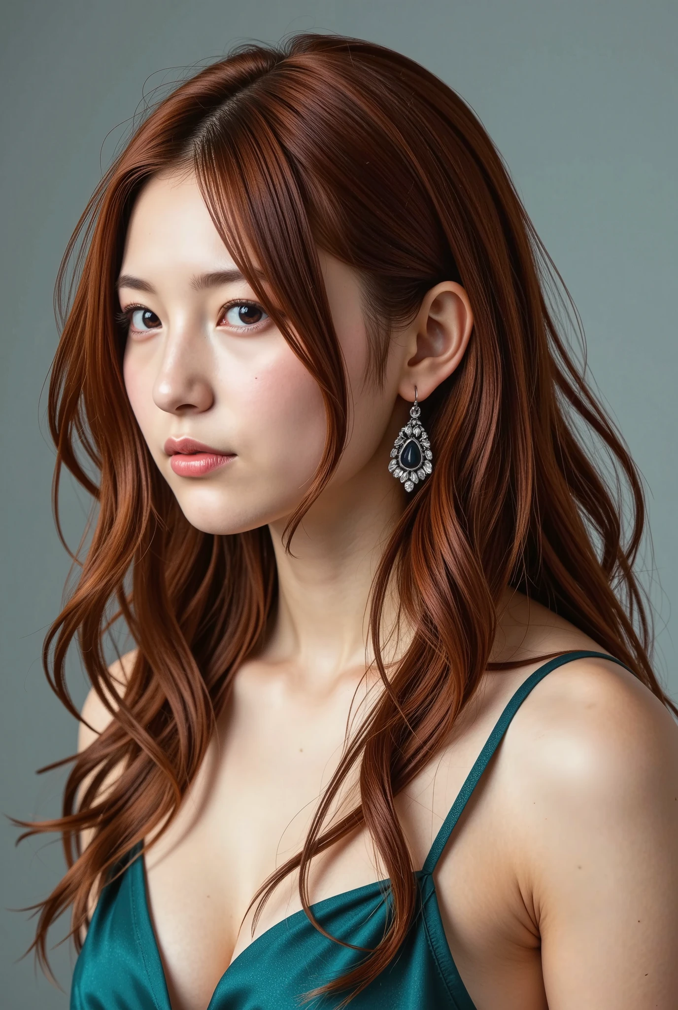 Close-up photo of a beautiful Irish girl, adorable face, red long layered hair, no makeup, realistic skin texture, low saturation, dark tone, inspired by Alessio Albi, f1. 4, 85mm lens, hyper realistic , lifelike texture, dramatic lighting, professional shot, heavy shadows, dynamic pose, innocent look an image of a person with a flowing, sculptural hairstyle and garment that echo the movement of water. The hair and attire should be crafted with smooth, swirling patterns that extend and blend into each other, in a seamless and organic fashion. The color scheme should be a gradient of turquoise to aquamarine, set against a neutral gray background to emphasize the subject. The subject's pose should be elegant and poised, with a profile view showcasing refined features and a calm, contemplative expression. Add a detailed, ornate earring to the subject to bring an additional element of sophistication. The lighting should cast soft shadows to define the swirling forms, blue velvet creating a luxurious and modern aesthetic.A captivating scene! A stunning French girl, Siena natural ratio, dressed in a tight police uniform, posed against a subtle gradient background. Her straight black hair with blunt bangs flows down her back, framing her symmetrical face with an expressionless gaze and soft smile. A gold necklace adorns her neck, complemented by a dark brown bracelet on her wrist. The ambient lighting casts a warm tone, as vibrant colors reflect off her iridescent scales, adding depth and dimensionality. Broken Glass effect enhances the scene's realism. Volumetric light creates auras around her, making her appear otherworldly. In the foreground, transparent glass flowers shimmer, adding to the breathtaking beauty.