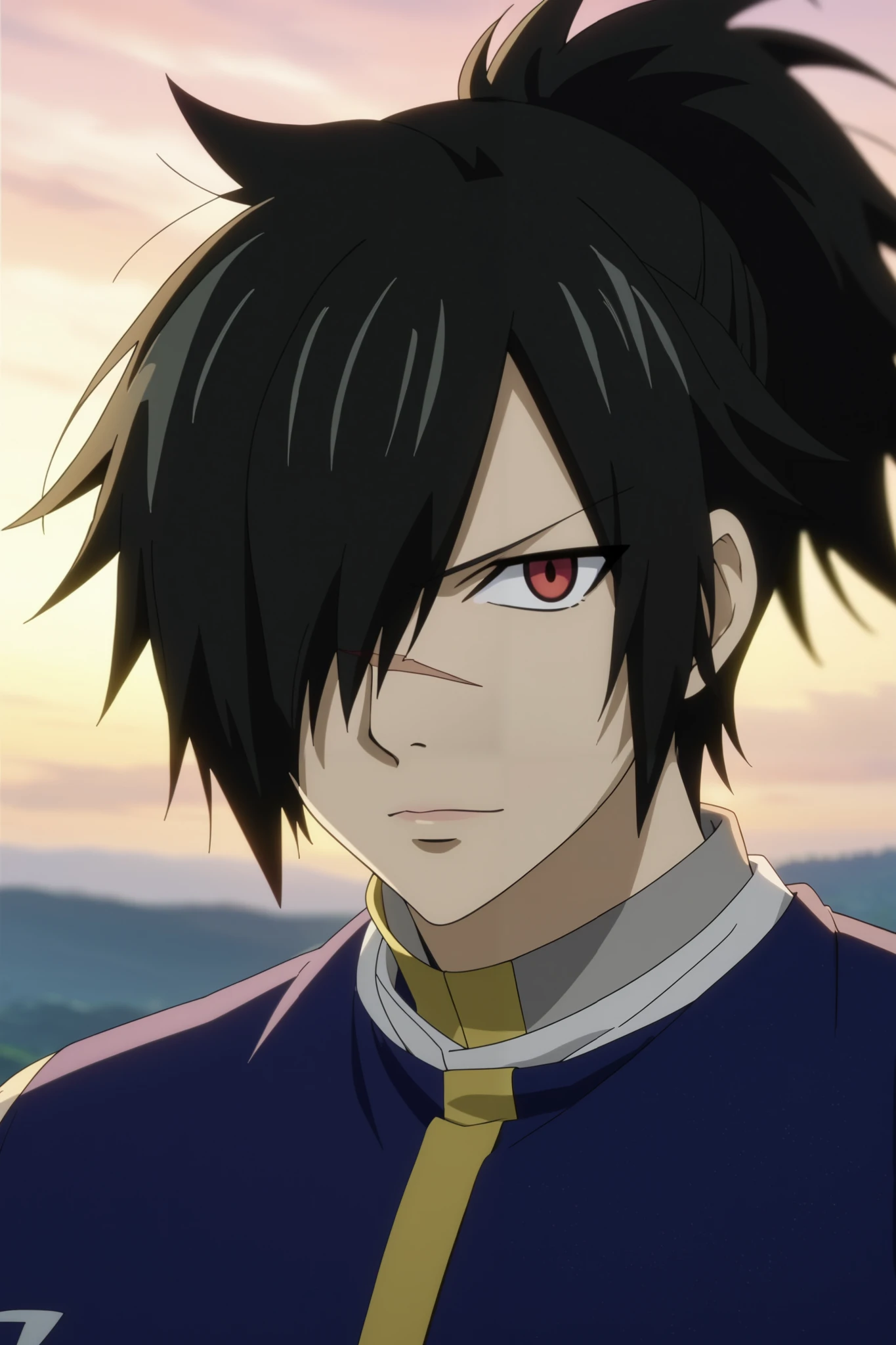 score_9, score_8_up, score_7_up, source_anime, rating_safe, rogue_cheney, black hair, red eyes, ponytail, hair over one eye, scar, tattoo, close-up, happy,, 1boy, male focus, anime screencap, best quality, official style, depth of field, looking at viewer, sky background with soft shadows, soft blue lighting highlighting his features, high-quality anime details, vivid colors, official style, Expressiveh, best quality, amazing quality, very aesthetic, high resolution, ultra-detailed, absurdres, newest, volumetric lighting, masterpiece, scenery, depth of field,