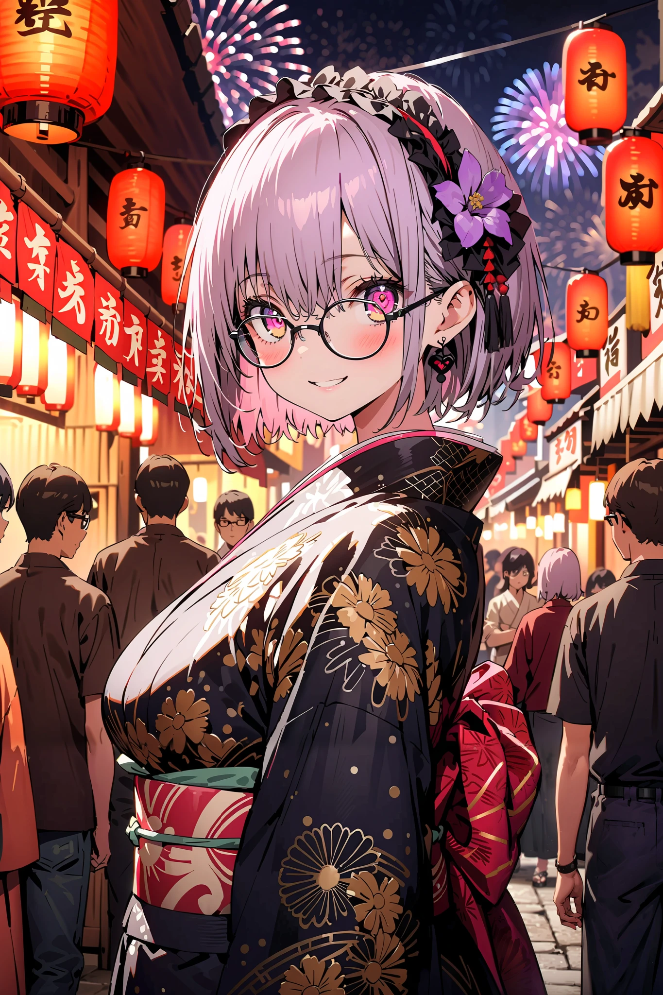 Red root heart ,Glasses, light purple hair,  pink eye,  short hair, flower headdress with death spots , smile,blush, close your mouth, big breasts,Purple flower pattern kimono , long skirt, is standing,,Japanese stalls ,Red Lantern,  fireworks, fireworks display,日本のfestival,whole bodyが illustrationsに入るように,                                                       
 break outdoors,festival,
break looking at viewer,whole body,( cowboy shot 1 :5),
break ( Masterpiece:1.2),  top quality,  high res,  Unity 8k Wallpaper, ( illustrations:0.8), ( beautiful detailed eyes:1.6),  very detailed faces ,   perfect lighting , Extremely detailed CG, ( perfect hand,  perfect anatomy),