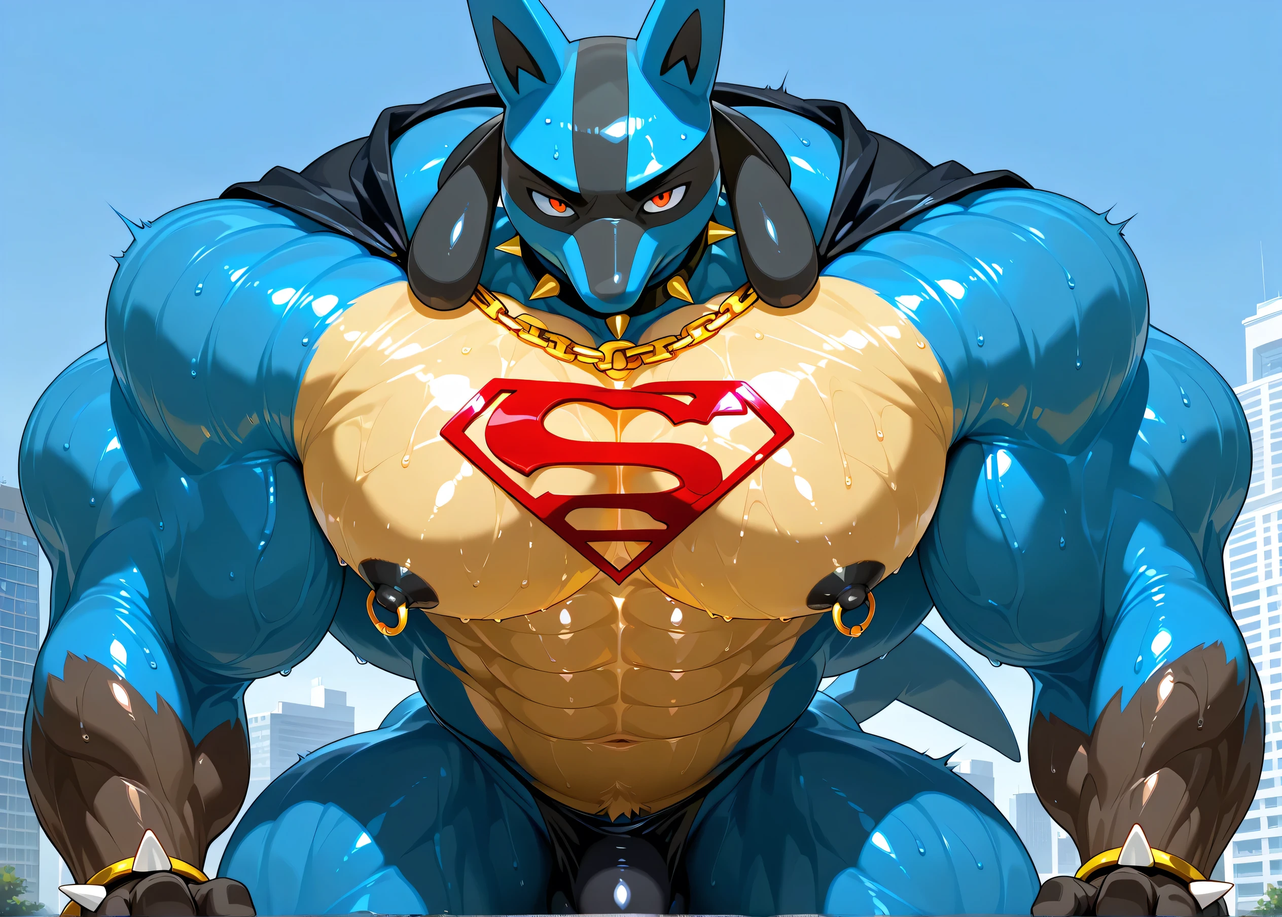kemono, by null-ghost, by zixiong, solo, male, tail, Lucario, anthro, black nipples, big nipples, gold nipple rings, sweaty, handsome, broad shoulders, black thong, broad chest, huge muscular, posing, thick neck, thick arms, grabbing pectorals, bedroom eyes, looking at viewer, massive bulge in thong, relieved moaning, flexing, macro, buildings, wearing gold chains around neck, wearing a spiked collar on his neck, wearing superman outfit, superman symbol on center of chest, black cape, detailed background, sweaty, high view, low view, close shot of chest and face, body fills frame, BREAK score_9_up,score_8_up,score_7_up,score_6_up,score_5_up,score_4_up