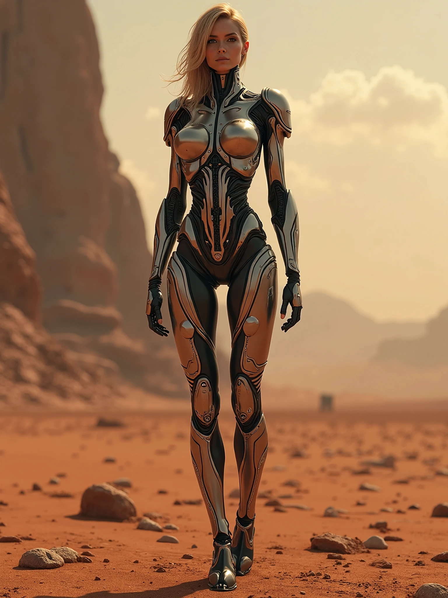 ((masterpiece, Highest quality, Best image quality, High resolution, Realistic, RAW Photos, 8k)), Ultra Wide Angle, alien landscape, A woman stands next to the Alafedro robot at the top of a hill, Inspired by Stephan Koidl&#39;s abandoned mech background. Art created by Craig Mullins, Especially Craig Mullins&#39; Necro style., Depicts detailed, futuristic sci-fi scenes. Focus on sci-fi concept art, Vivid colors and sharp focus. The overall lighting captures the essence of the film&#39;s concept art.,