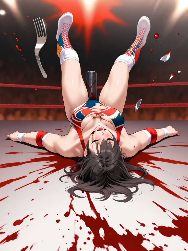 During a match with an opponent in the ring。Beautiful mixed martial artist。lying on one's back。unconscious。Fainting。damage。Tattered。Are crying。limp。limits of physical strength。whole body。Sweat。muscle。six pack。scratch。Bruise。