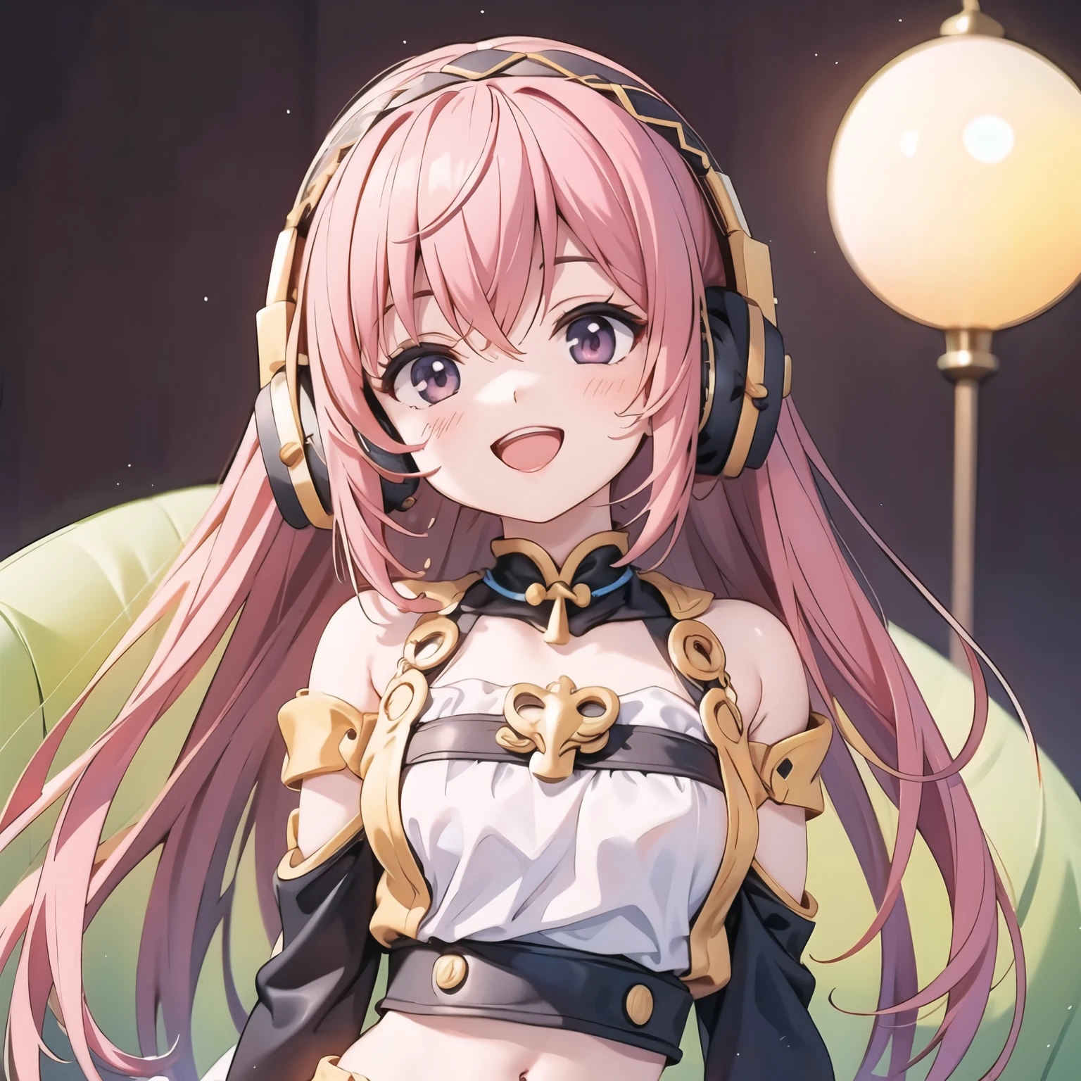 little character,Megurine Luka, high res, look, blushes, smiles, open your mouth, top quality, headphones