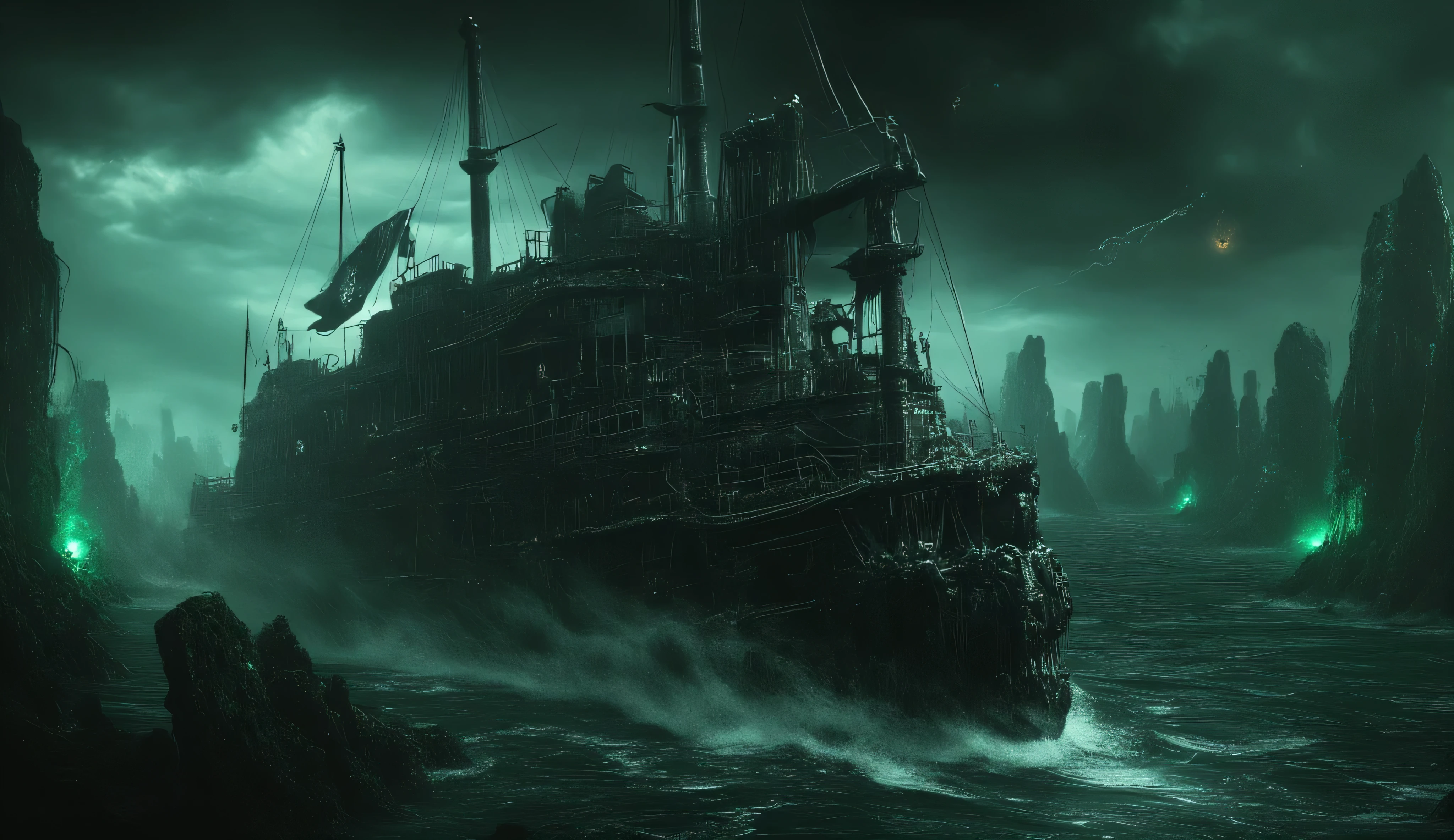 A huge ship. Dreadnought. The black pirate flag. Rainfall. A black sky covered with black clouds. green lightning. The emerald ocean. sharp rocky islands. The horror