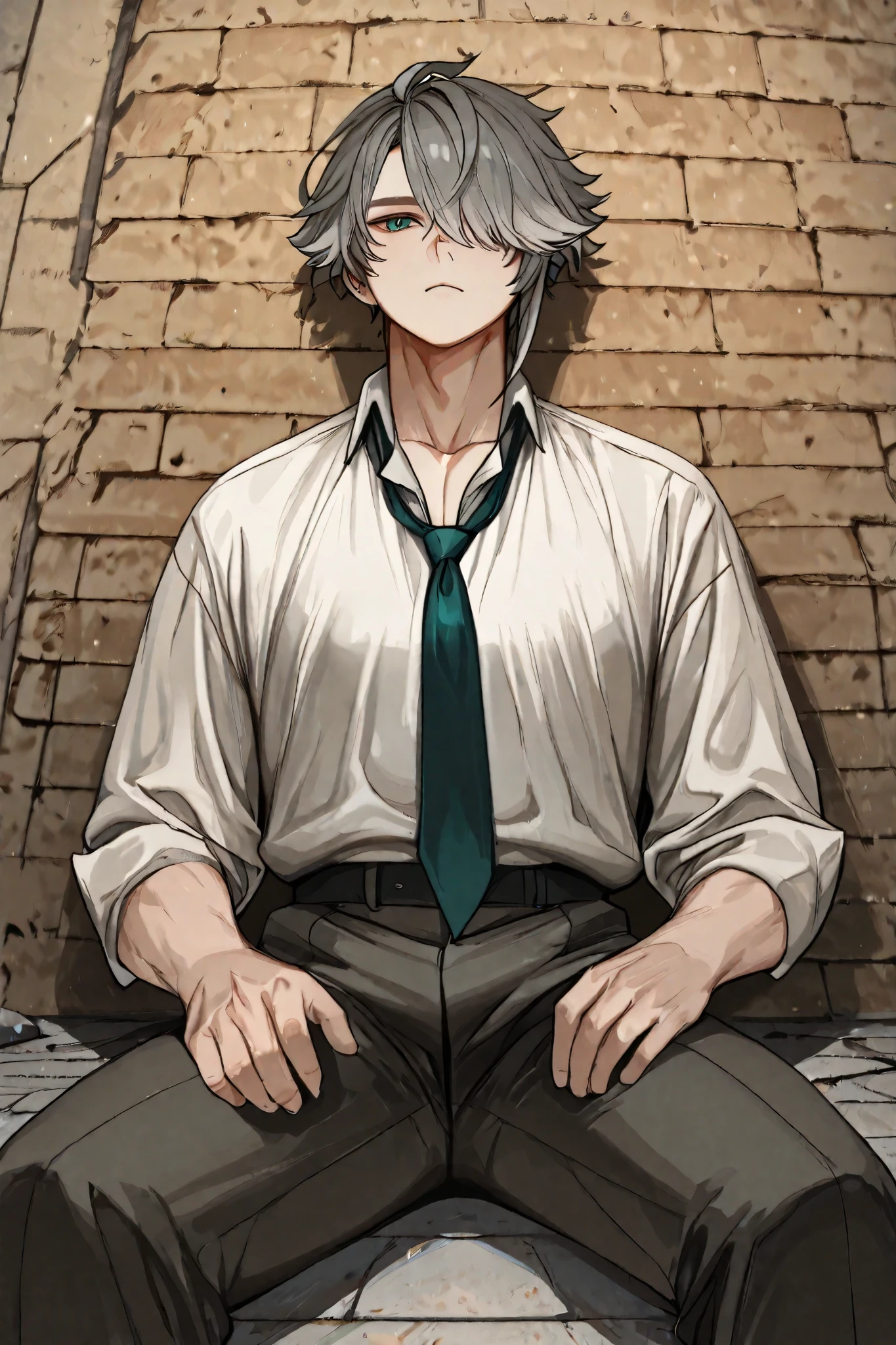 arafed male in a white shirt and tie sitting on a brick wall, an album cover inspired by jeonseok lee, tumblr, realism, male ulzzang, wearing a shirt with a tie, jinyoung shin, sitting on the ground, wearing school uniform, various poses shooting photos, jung jaehyun, wearing a school uniform, androgynous, alhaitham,grey hair,short hair,ahoge,green eyes,hair over one eye