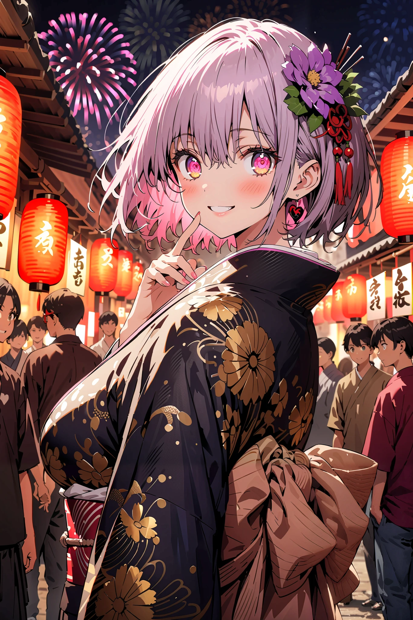 Red root heart ,Red Glasses, light purple hair, pink eye, short hair,flower hair ornament, smile,blush, close your mouth, big breasts,Purple flower pattern kimono , long skirt, is standing,,Japanese stalls ,Red Lantern, fireworks, fireworks display,日本のfestival,whole bodyが illustrationsに入るように,
break outdoors,festival,
break looking at viewer,whole body,( cowboy shot 1 :5),
break ( Masterpiece:1.2), top quality, high res, Unity 8k Wallpaper, ( illustrations:0.8), ( beautiful detailed eyes:1.6), highly detailed faces, perfect lighting , Extremely detailed CG, ( perfect hand, perfect anatomy),
