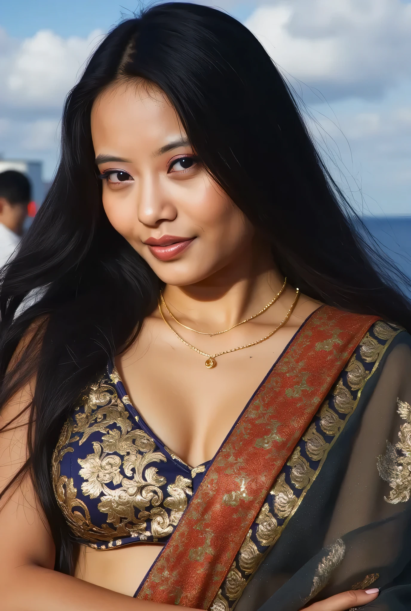 hires  photo of 30-year-old (rkps woman:1), ultra sharp, looking straight at camera, dynamic pose, (Organza_saree_blouse:1.2), realistic skin texture, outdoors, daytime, on a ship, , gorgeous Bollywood supermodel, navel, , alluring, sexy, 8k, uhd, high resolution, highest quality, masterpiece, award winning photo, big chest, shiny skin, random colour saree, gorgeous face eyes nose lips