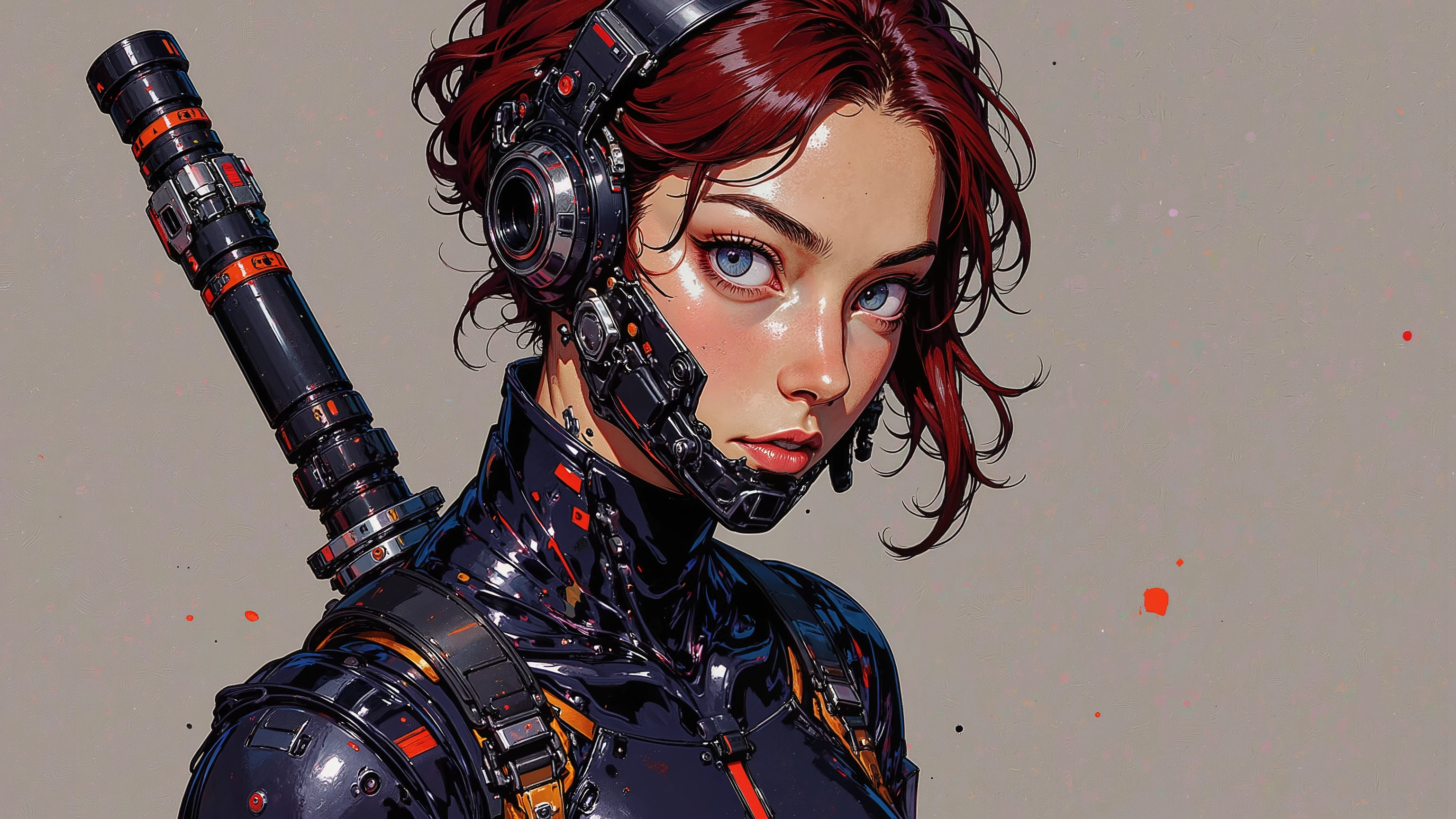 A high-resolution digital painting of a **futuristic female ninja assassin** standing with quiet intensity. She wears a **sleek, form-fitting bodysuit** with a **simple yet highly functional design**, featuring **smooth lines** and **subtle armored details** that enhance her agility. Her face is striking, with a **prominent aquiline nose, piercing blue eyes, and wavy, very short red hair** framing her sharp, focused expression. The **background is minimalistic**, ensuring the focus remains on her poised and lethal presence. The composition exudes a sense of **stealth, precision, and futuristic elegance**, making it suitable for **sci-fi character design or cyberpunk concept art**.