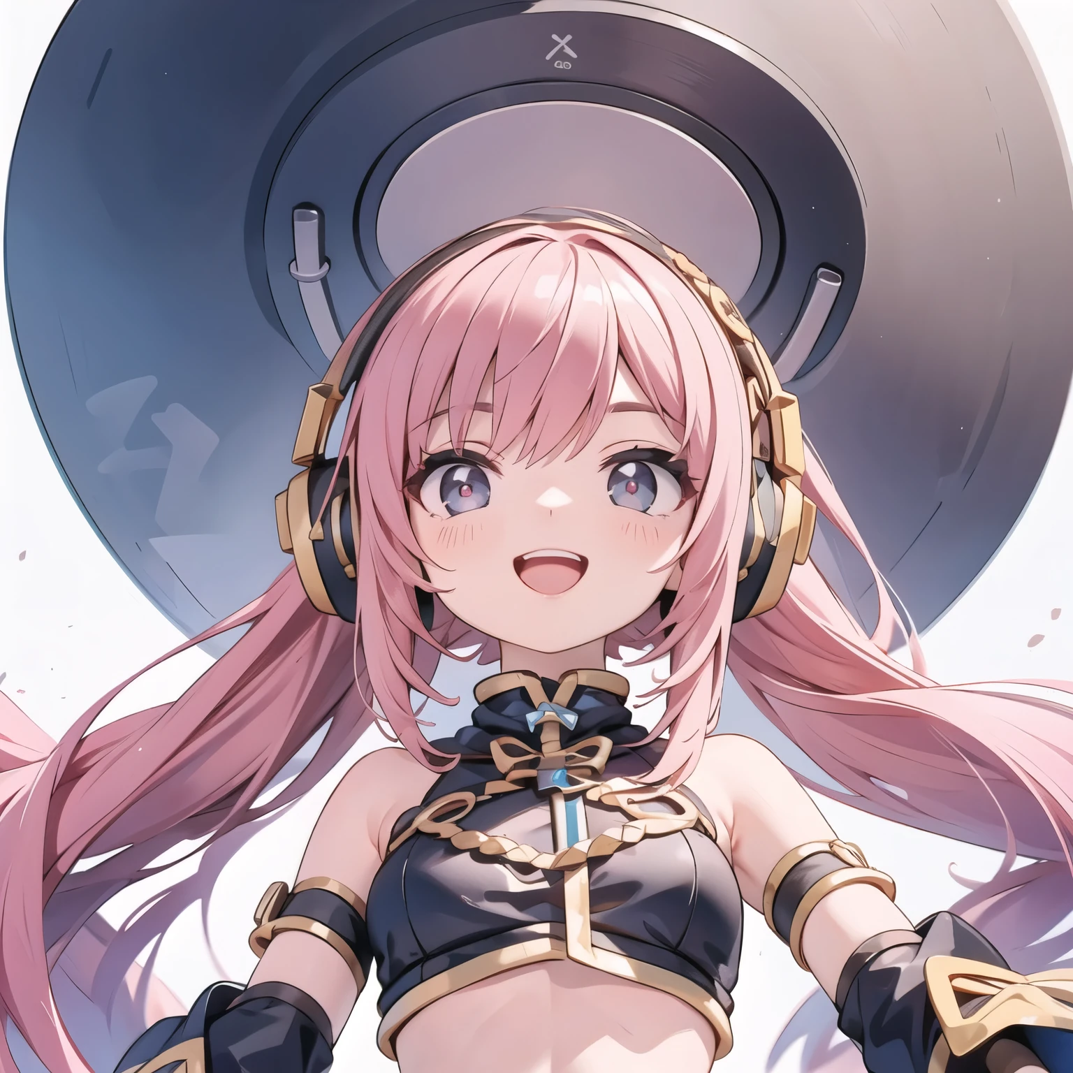 a small character ,Megurine Luka, high res, Look, Brush, smile, Open Your Mouth , top quality , headphones