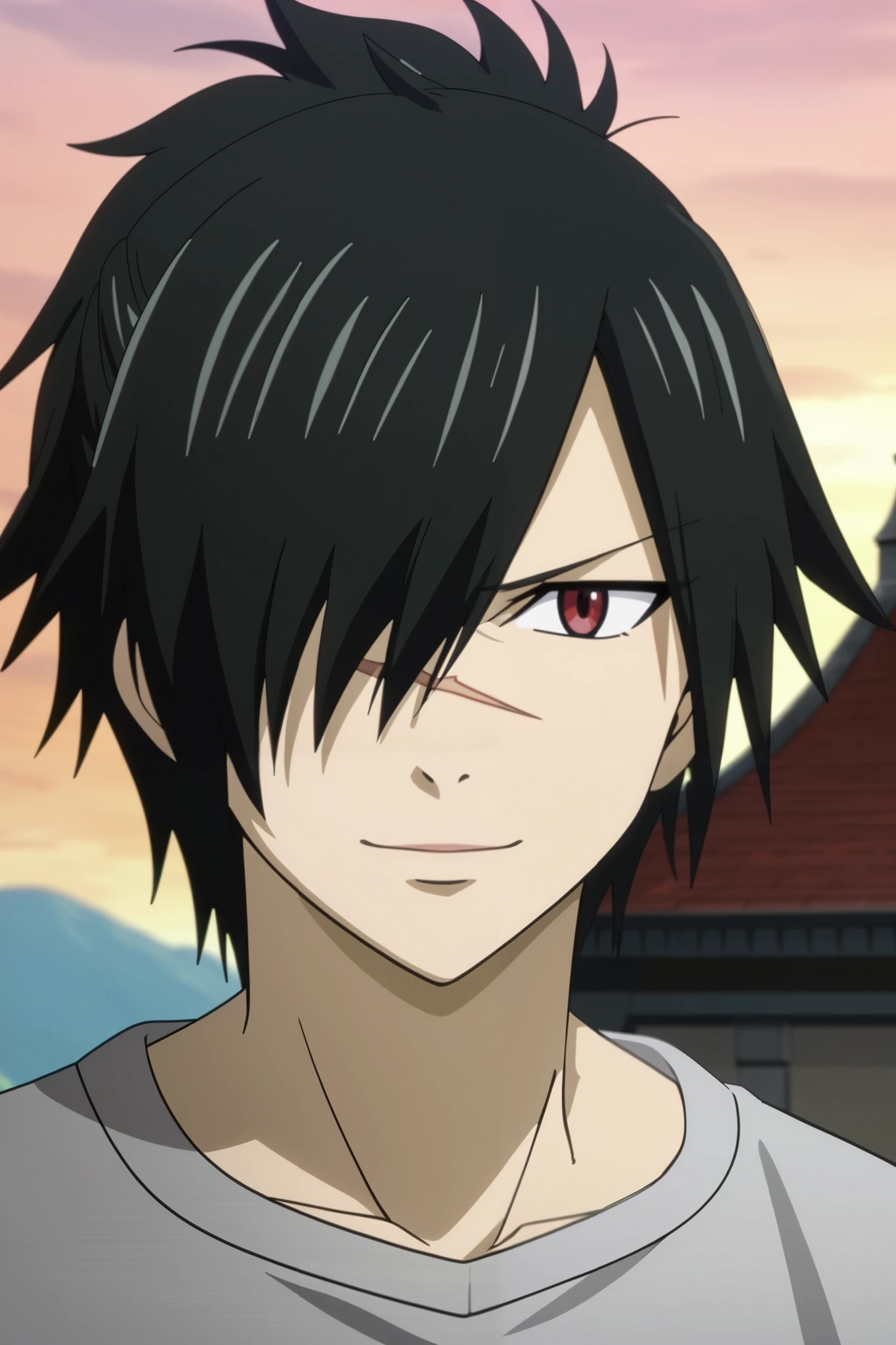 score_9, score_8_up, score_7_up, source_anime, rating_safe, rogue_cheney, black hair, red eyes, ponytail, hair over one eye, scar, tattoo, close-up, happy,, 1boy, male focus, anime screencap, best quality, official style, depth of field, looking at viewer, sky background with soft shadows, soft blue lighting highlighting his features, high-quality anime details, vivid colors, official style, Expressiveh, best quality, amazing quality, very aesthetic, high resolution, ultra-detailed, absurdres, newest, volumetric lighting, masterpiece, scenery, depth of field, official style, smile, happy, in an anime, anime screenshot, screenshot from a 2012s anime, anime style”, today's featured anime still, style of madhouse anime, still from anime, deviantart, vanitas, today's featured anime still