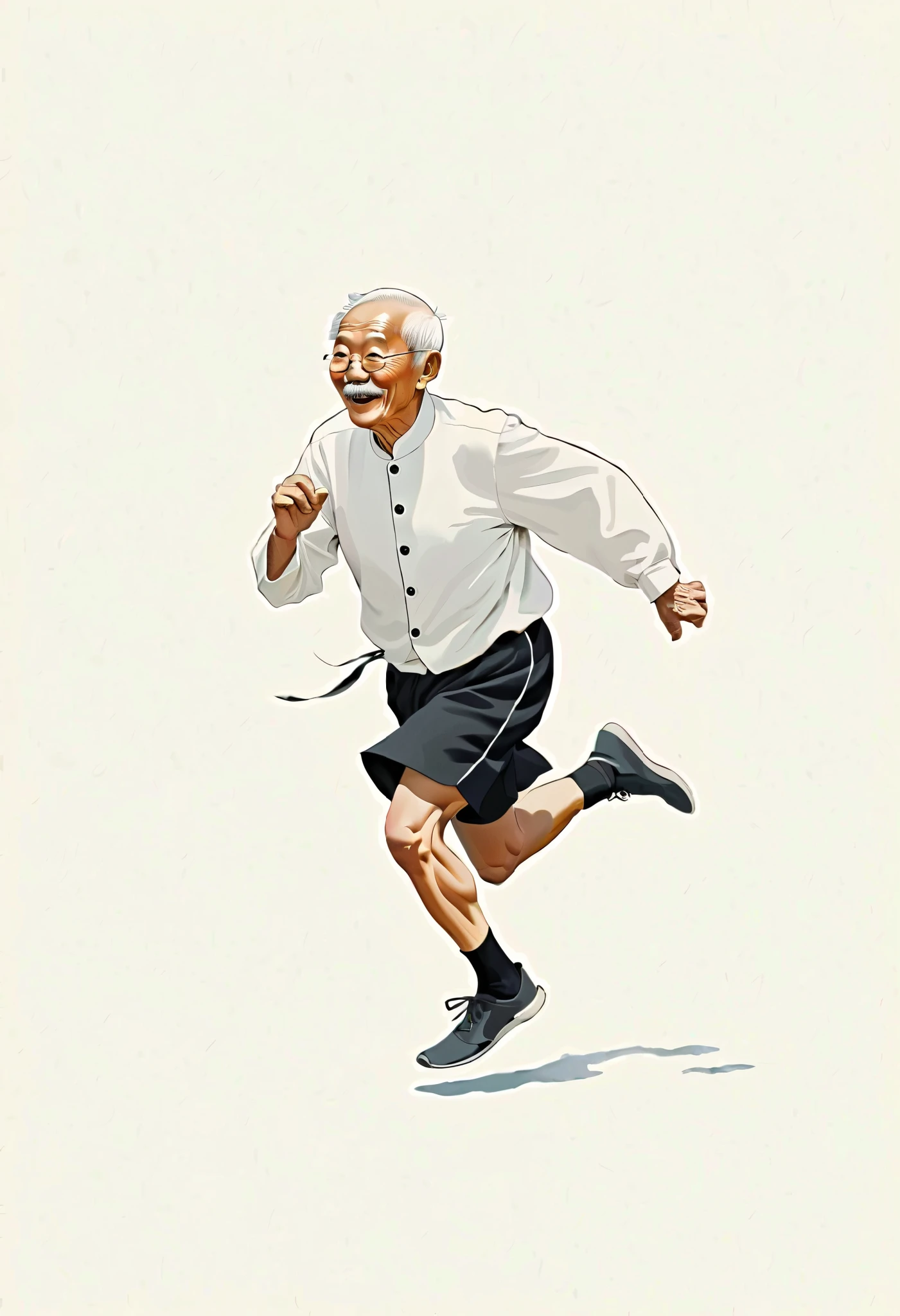 A modern minimalist artwork depicting a Chinese elderly man running and traveling happily, depicted with a black line, providing a sense of calm and focus on a white background. Creative techniques: single black line, minimalist art, modern calm, clean and focused design, high-definition quality, natural appearance