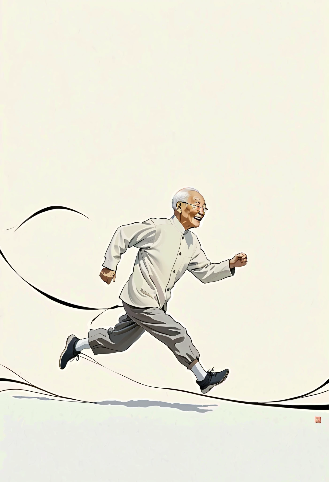 A modern minimalist artwork depicting a Chinese elderly man running and traveling happily, depicted with a black line, providing a sense of calm and focus on a white background. Creative techniques: single black line, minimalist art, modern calm, clean and focused design, high-definition quality, natural appearance