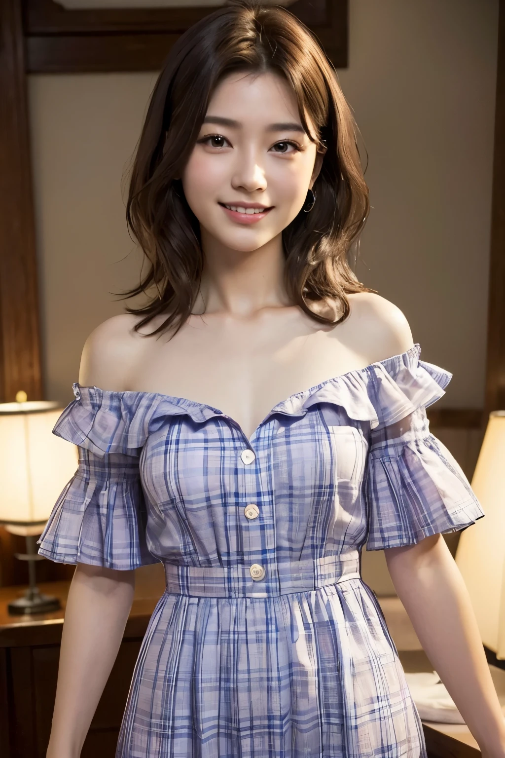 ( checked shirt :1.2)、(Chest enhancement:1.5)、(( group photo:1.3)), masterpiece:1.3), (In 8K, photorealistic, RAW Photo, Max Image Quality: 1.4), (( model pose)), Japanese, beautiful face, (Lesbian Line, lively face), big smile, (Medium-length hair:1.3), Short Messy Brown Hair , Realistic eyes, beautiful eyes, ( real skin), beautiful skin, attractive, Ultra High Resolution , surreal, (((Amazing Cathedral)))、transparent night dress 、 Off the Shoulder、 idol、 cute age girl 、A happy smile、 Short Messy Brown Hair 、Model's legs、Sexy clavicle visible、 colorful dress with open chest、 white panties 、( big breasts:1.2)、