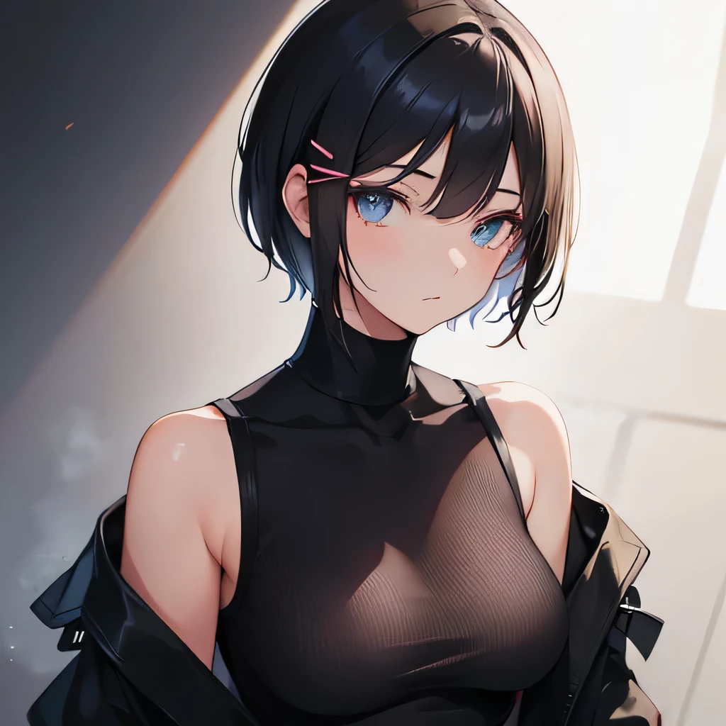 Black turtleneck、No sleeve、Lightweight cardigan、Beauty、tits、Bobcut、No sleeve、Shoulder Bare、Beautiful clavicle、Brown Hair
