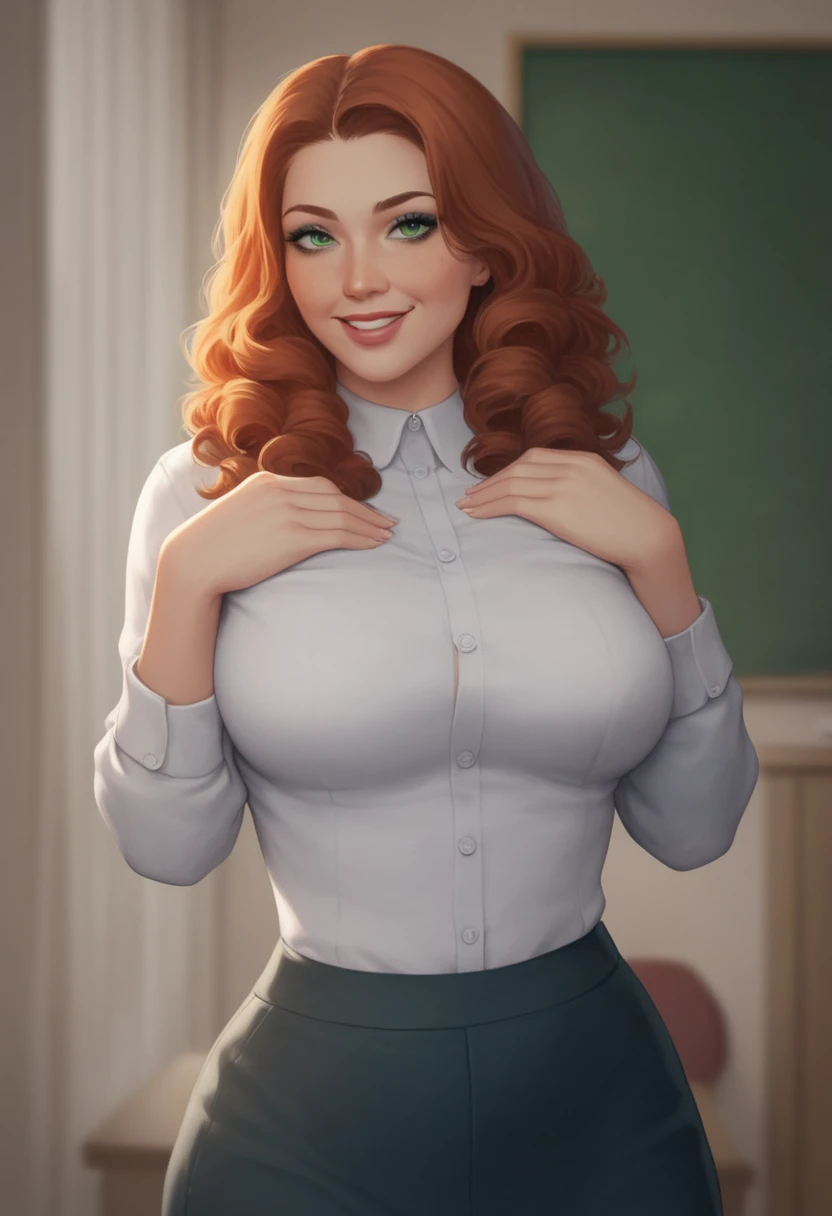 ((Masterpiece)), ((Best Quality)), Ultra High Resolution, HDR, absurderes, 8K, (1 girl), intricate details, ultra-detailed, dramatic lighting, blushing, smile, green eyes, short orange hair, bob hair, (wearing a white shirt, black skirt), in a office, gorgeous girl, large breasts, gorgeous body, glossy skin, vivid colors, full body view, detailed illustration, detail background, shy, feminine, professional artwork, fit thighs, cleavage, close up