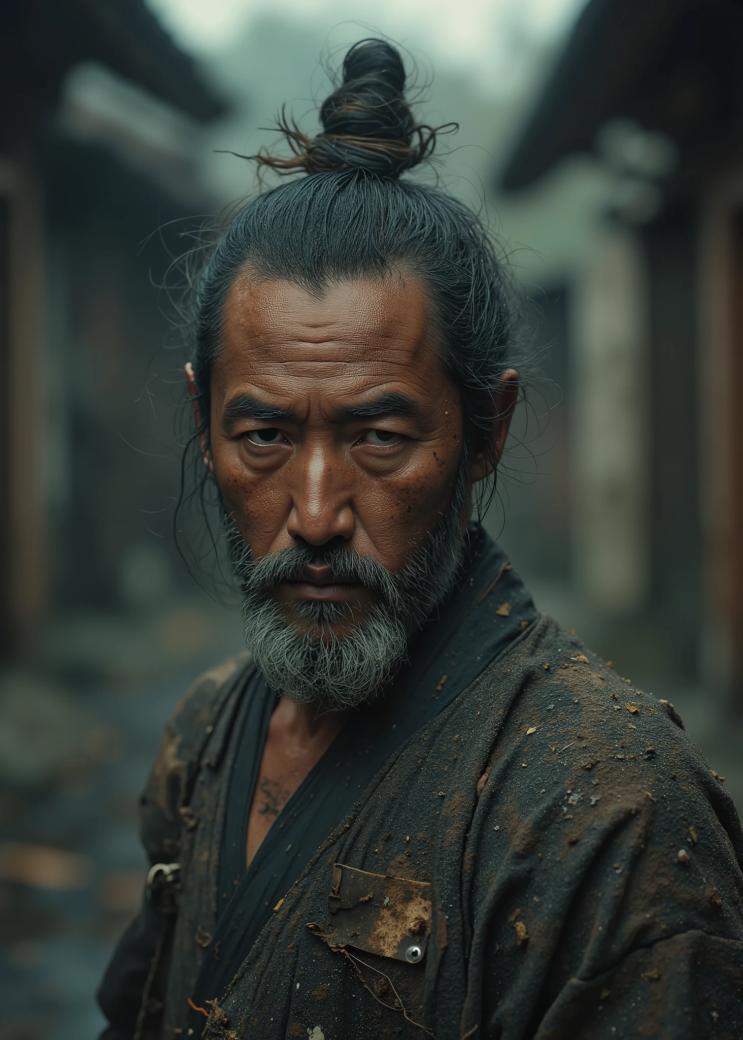 Japan、, an old ronin from the Edo period 、A dingy samurai 、 with unkempt hair wrapped around his head、 dirty face 、Dirty clothes、Kurosawa Pictures