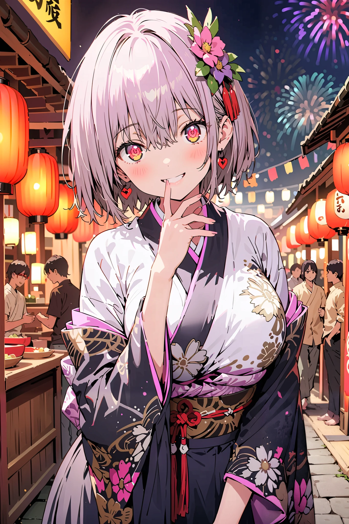 Red root heart , Red Eye Glasses, light purple hair, pink eye, short hair,flower hair ornament, smile,blush, close your mouth, big breasts,Purple flower pattern kimono , long skirt, is standing,,Japanese stalls ,Red Lantern, fireworks, fireworks display,日本のfestival,whole bodyが illustrationsに入るように,
break outdoors,festival,
break looking at viewer,whole body,( cowboy shot 1 :5),
break ( Masterpiece:1.2), top quality, high res, Unity 8k Wallpaper, ( illustrations:0.8), ( beautiful detailed eyes:1.6), highly detailed faces, perfect lighting , Extremely detailed CG, ( perfect hand, perfect anatomy),