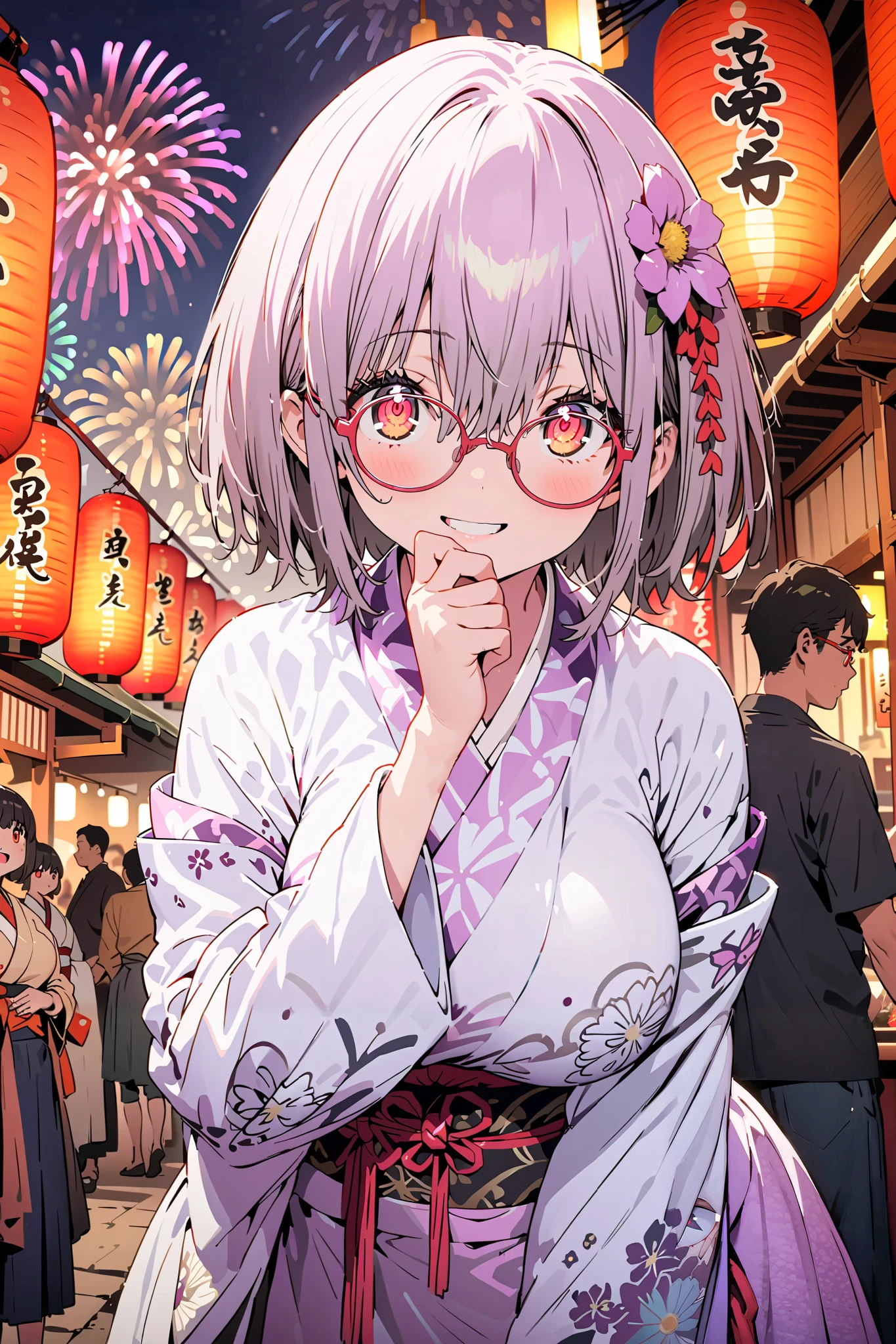 Red root heart , Red Eye Glasses, light purple hair, pink eye, short hair,flower hair ornament, smile,blush, close your mouth, big breasts,Purple flower pattern kimono , long skirt, is standing,,Japanese stalls ,Red Lantern, fireworks, fireworks display,日本のfestival,whole bodyが illustrationsに入るように,
break outdoors,festival,
break looking at viewer,whole body,( cowboy shot 1 :5),
break ( Masterpiece:1.2), top quality, high res, Unity 8k Wallpaper, ( illustrations:0.8), ( beautiful detailed eyes:1.6), highly detailed faces, perfect lighting , Extremely detailed CG, ( perfect hand, perfect anatomy),