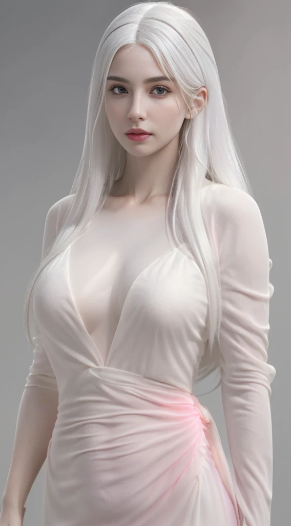 1girl, ((full body, narrow waist, waist, girl, white hair, long hair, black eyes)), (front view, from front), looking at viewer, Best quality, masterpiece, ultra high res, (photorealistic:1.4), 8k, clean, (incredibly absurdres, ultra-detailed,CG ,unity ,8k wallpaper), (detailed face :1.4),(beautiful detailed eyes :1.2),(detailed hair), light on face, cinematic lighting, perfect face, lips, adult, solo, Pink Sheer Dress, See Through, (( white skin, real skin, middle_breasts))