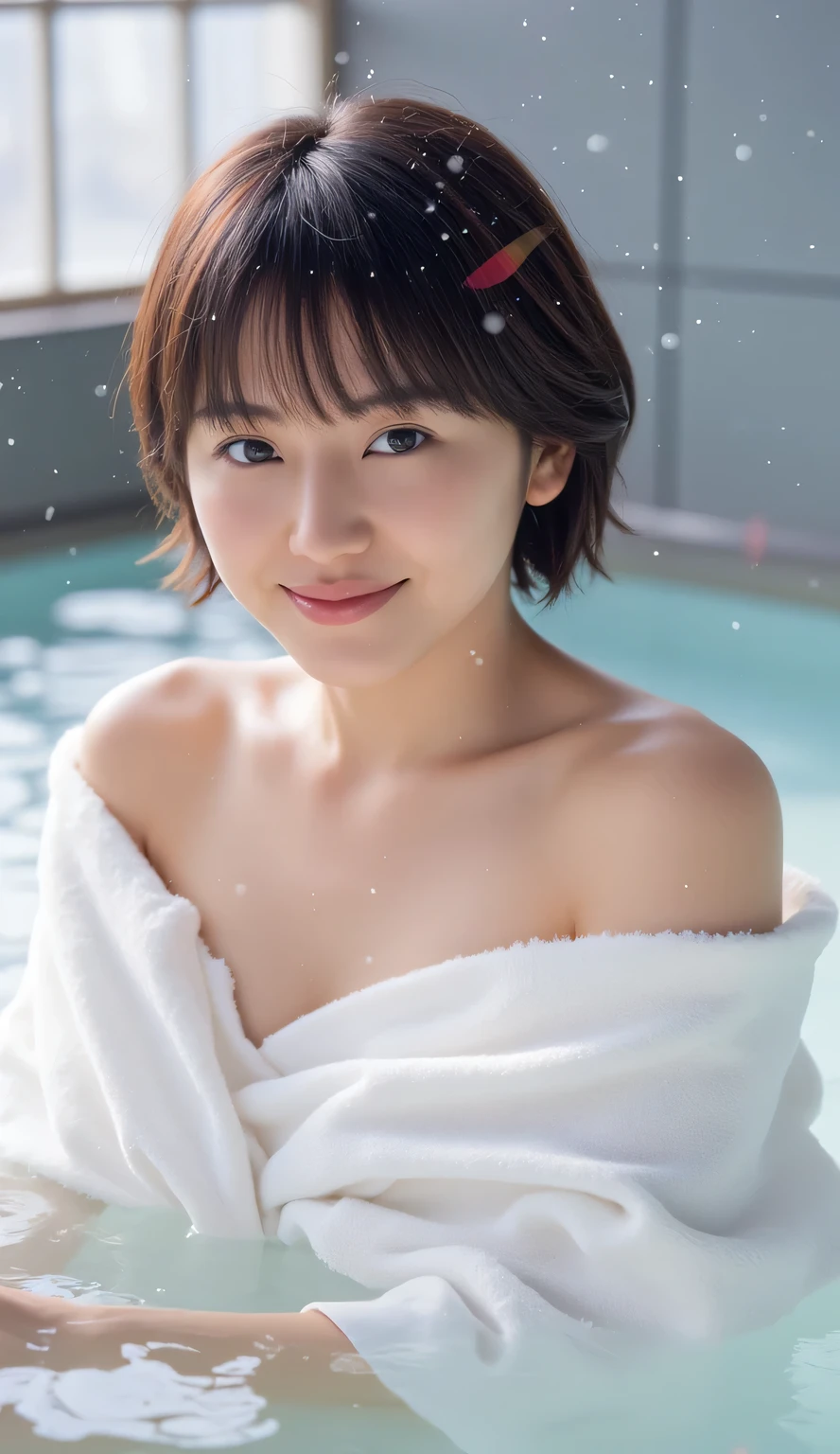 (Towel wrapped around the body : 1.5)、( : 1.5), ( No. : 1.5), ( upper body shot : 1.5), (Soak your shoulders in the snow viewing open-air bath : 1.5), bangs, smile, Young and Adorable Japanese Face , Official Art, high image quality CG Unity 8k wallpaper,Ultra high image quality , very detailed, high image quality , Kodak Portrait 400 , film grain , White and Red Lens Flare Sparkle , top quality ,8k, The ,8k, Show Viewer , (( masterpiece)), (( top quality )), ( very detailed), (( cute)), (( sexy)), ( Mr.々Service features ), ( beautiful), beautiful Japanese woman, (( female 1 person )), (おっぱいの谷間 : 1.3)