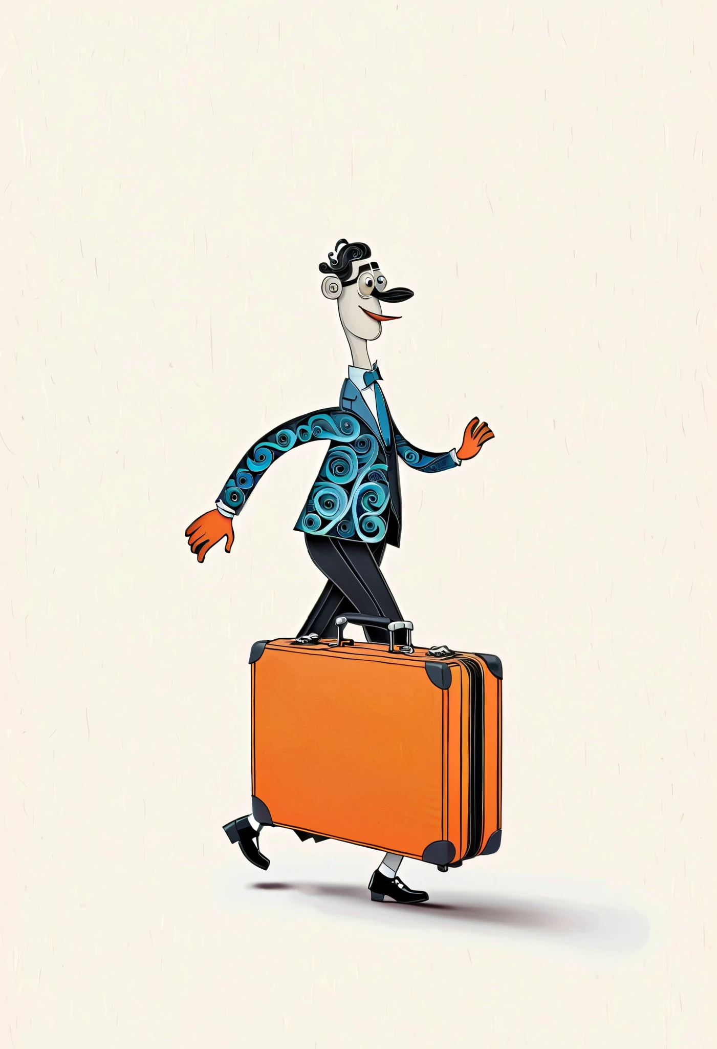 in style of paper quilling artwork , portrait,A modern minimalist artwork depicting a running and happy anthropomorphic suitcase, illustrated with a black line, providing a sense of calm and focus on a white background. Creative techniques: single black line, minimalist art, modern calm, clean and focused design, high-definition quality, natural appearance