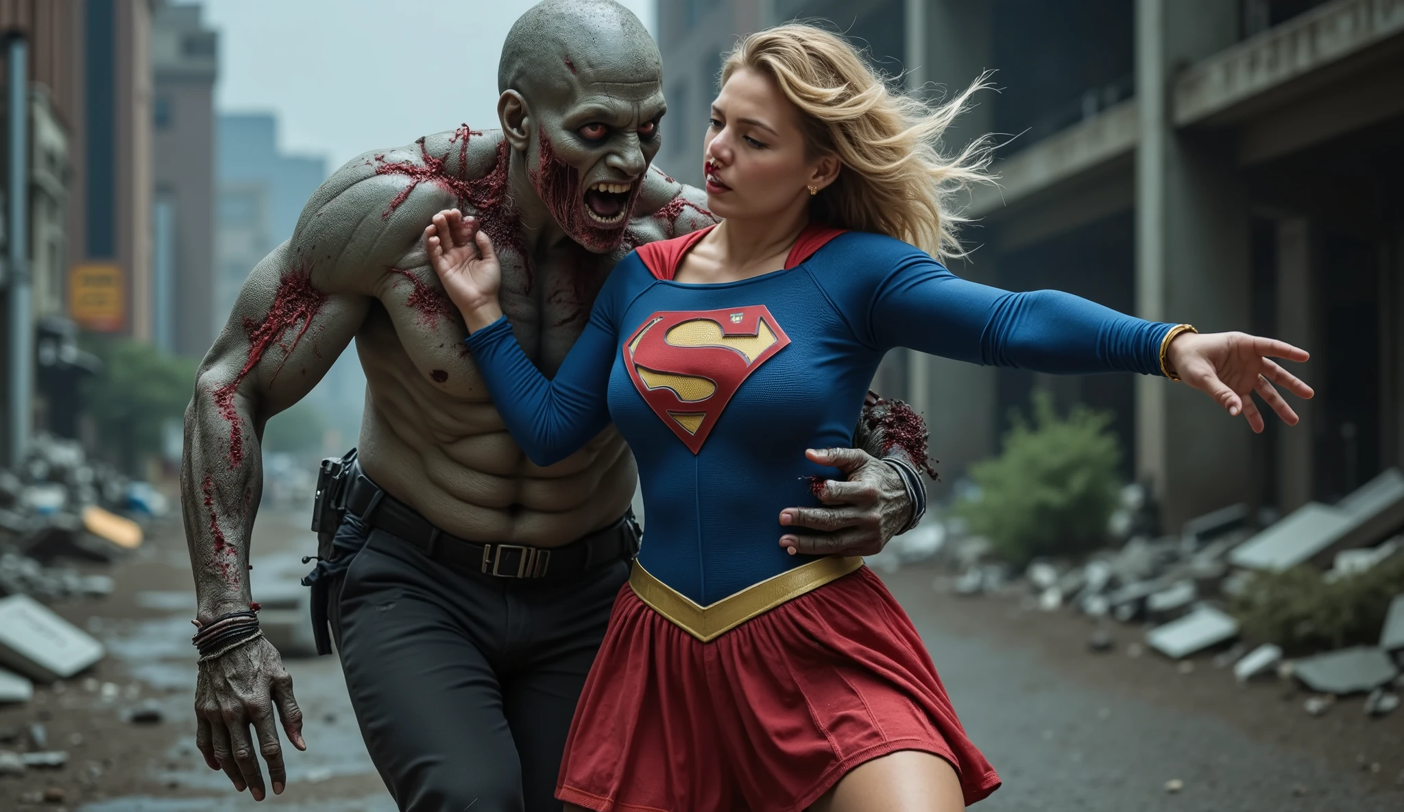 A zombie grabs Supergirl from behind and squeezes DC Supergirl's milk