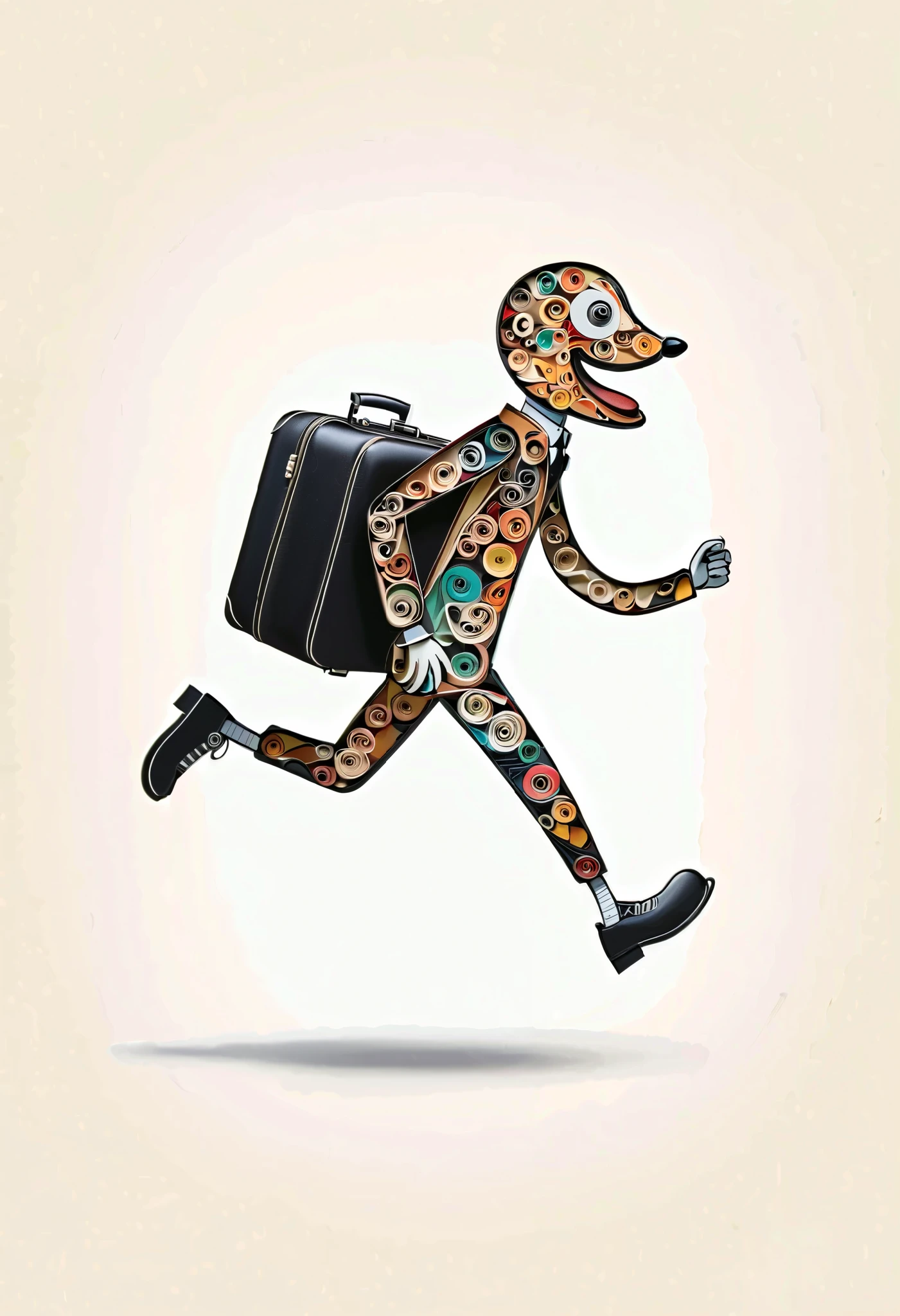 in style of paper quilling artwork , portrait，A modern minimalist artwork depicting a running and happy anthropomorphic suitcase, illustrated with a black line, providing a sense of calm and focus on a white background. Creative techniques: single black line, minimalist art, modern calm, clean and focused design, high-definition quality, natural appearance