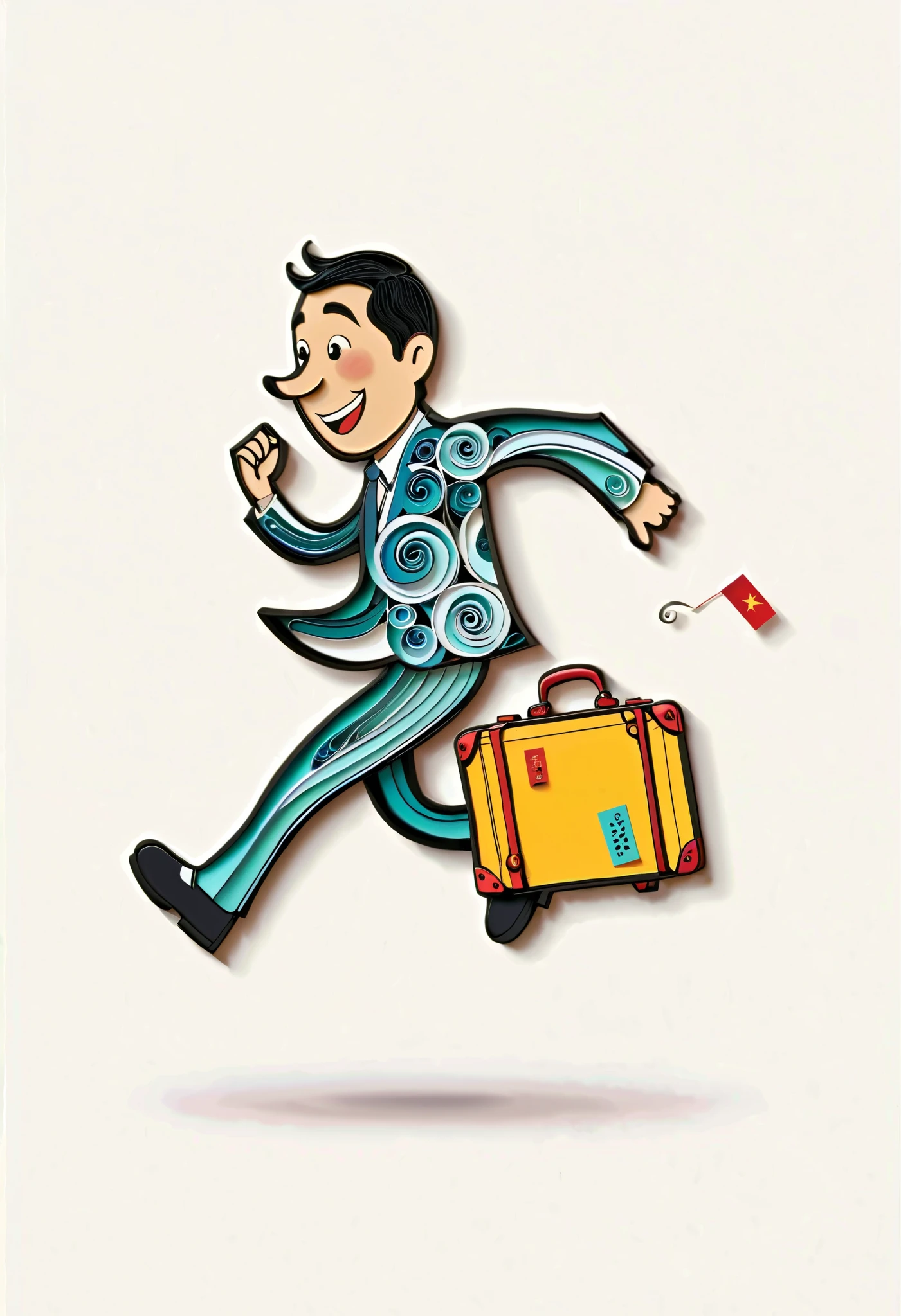 in style of paper quilling artwork ,A modern minimalist artwork depicting a running and happy anthropomorphic suitcase,Chinese elements, illustrated with a black line, providing a sense of calm and focus on a white background. Creative techniques: single black line, minimalist art, modern calm, clean and focused design, high-definition quality, natural appearance