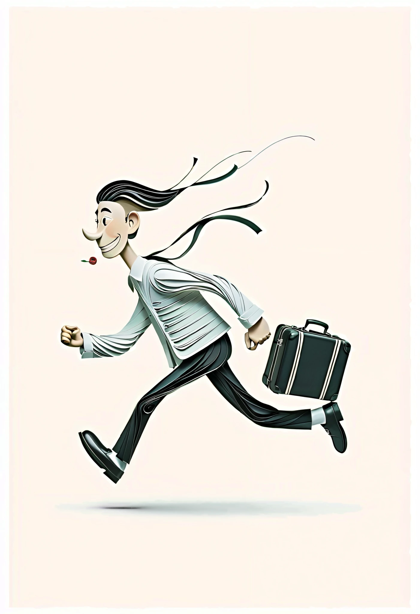 in style of paper quilling artwork ,A modern minimalist artwork depicting a running and happy anthropomorphic suitcase,Chinese elements, illustrated with a black line, providing a sense of calm and focus on a white background. Creative techniques: single black line, minimalist art, modern calm, clean and focused design, high-definition quality, natural appearance