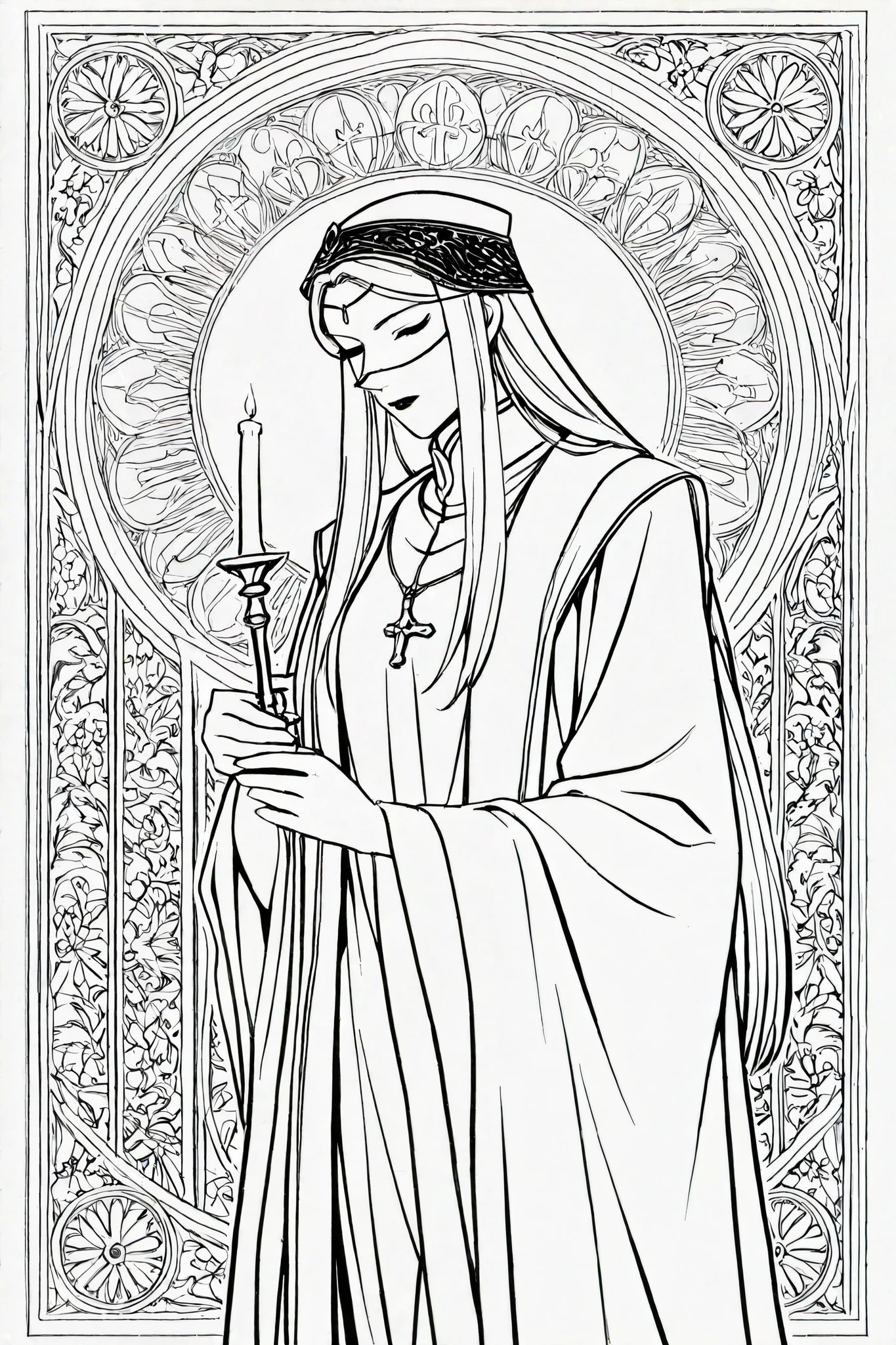 score_9, score_8_up, score_7_up, score_6_up, score_5_up, score_4_up, masterpiece. Timbrook
BREAK
(masterpiece: 1.0), best quality, perfect anatomy, perfect composition, perfection, 4k resolution, absurdres, very aesthetic, professional artwork, absolutely beautiful, greyscale, lineart, line art, monochrome.
BREAK
1girl, holding a candle, cowboy shot, saint, long robes, headdress, lining, from side, blindfolded eyes, long hair, parted bangs,