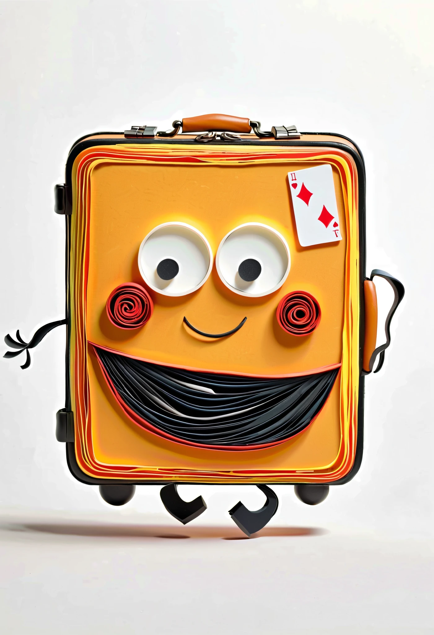 in style of paper quilling artwork,A modern minimalist artwork depicting a running and happy anthropomorphic suitcase (with a face like a playing card) depicted with a black line, providing a calm and focused feeling on a white background. Creative techniques: single black line, minimalist art, modern calm, clean and focused design, high-definition quality, natural appearance