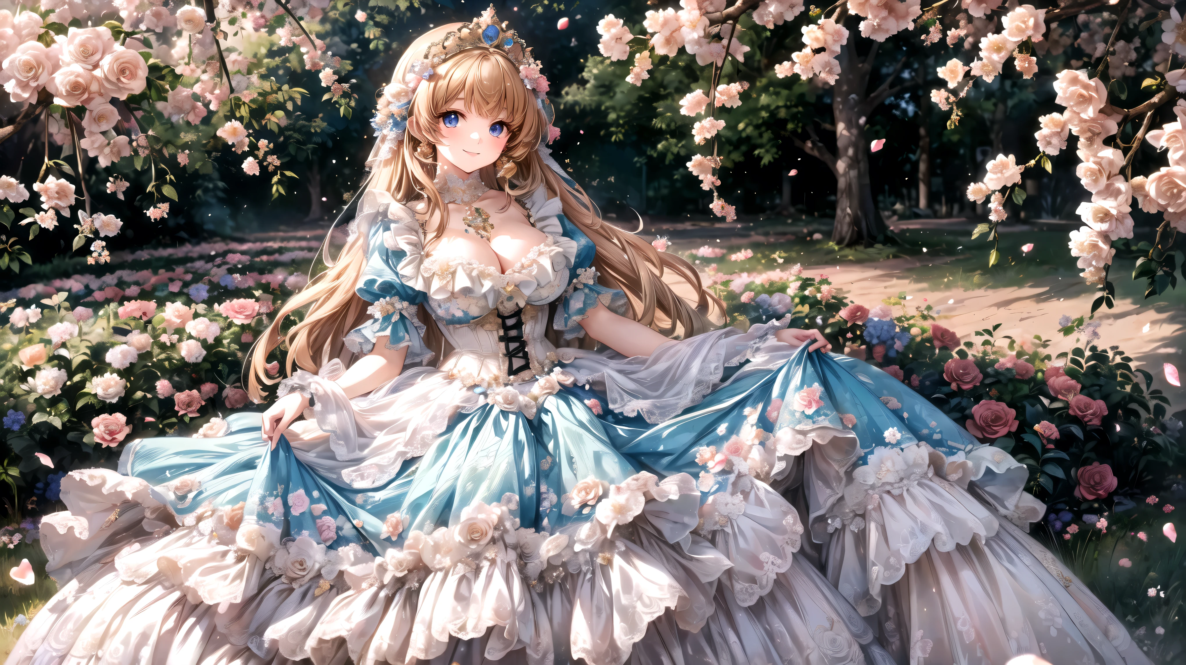  solo princess ,  ,  floral crinoline hoop skirt, petticoat dress,  corsets, Retroドレス, huge breasts, hyper detailed beautiful eyes,  tiara ,  fluffy,  Gold, hyper detail face, ((Smile)),  light particles, Retro, ((On the Hill)), Surrounded by flowers, (Flowing Petals),  shallow depth of field ,  film grain, landscape, light sparkles, light leaks, (anime moe art style:1.3), (very wide shot:1.3), spectacular views, Amazing Scenery, ((Superbly detailed drawing, ultra detailed, exquisite quality, absolutely resolution)),