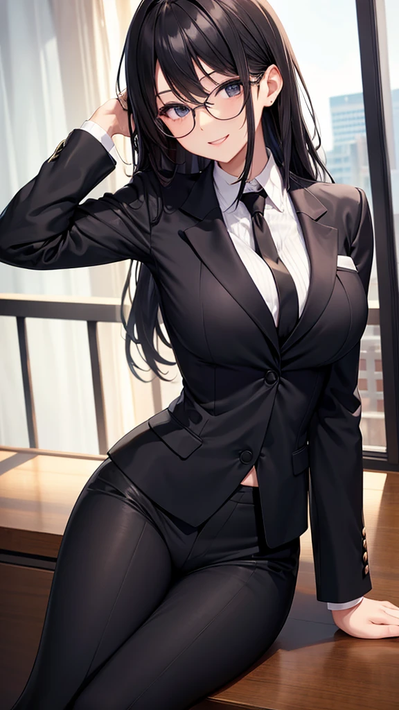 sfw, An androgynous figure with long black hair, purple eyes and glasses, wearing a suit, anime art style, no breasts, wearing bra,((skinny waist)), young asian girl, ((big breasted)),