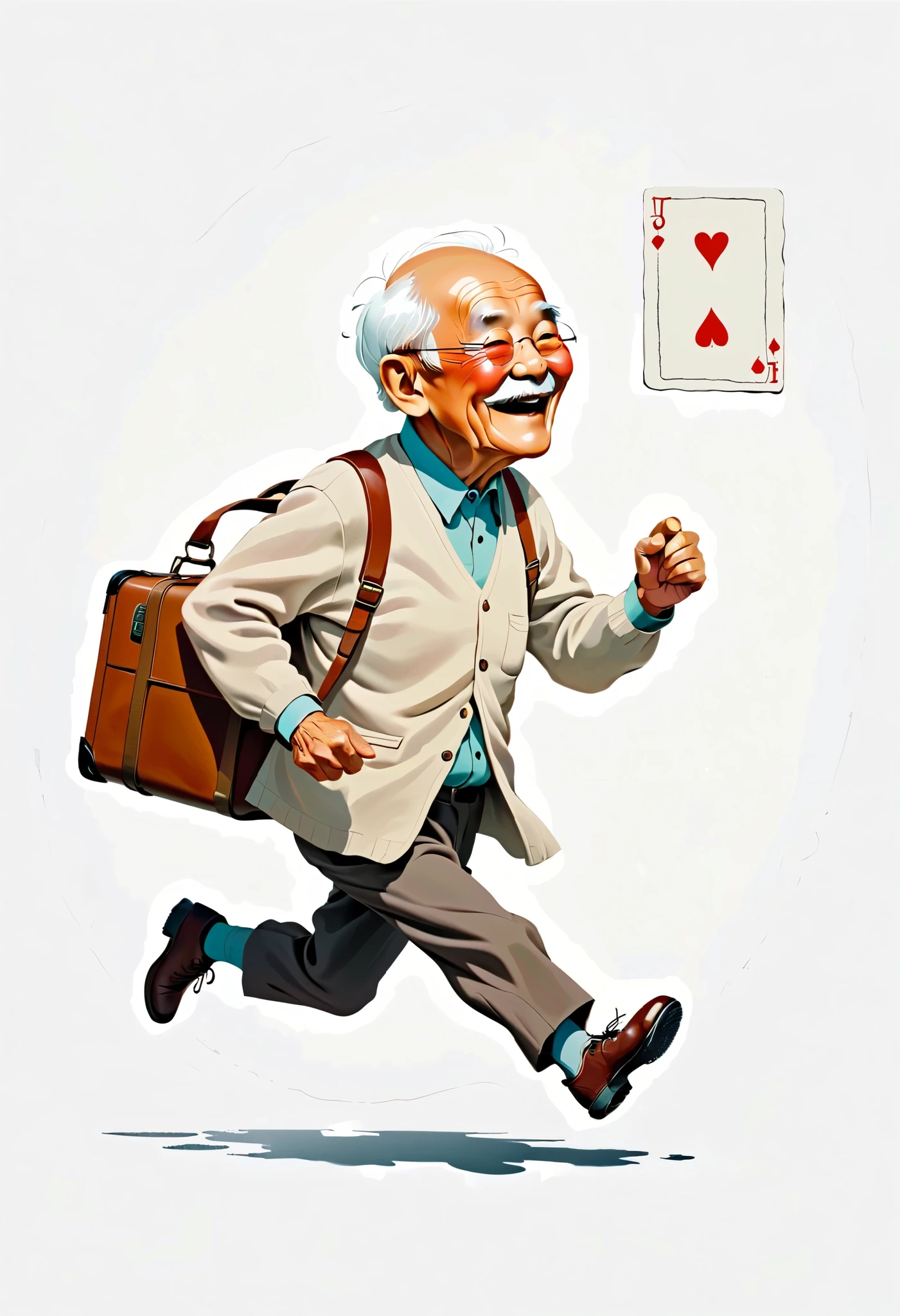 A modern minimalist artwork depicting a happy running Chinese elderly man, personified in a suitcase (with a face like a playing card), depicted with a black line, providing a calm and focused feeling on a white background. Creative techniques: single black line, minimalist art, modern calm, clean and focused design, high-definition quality, natural appearance