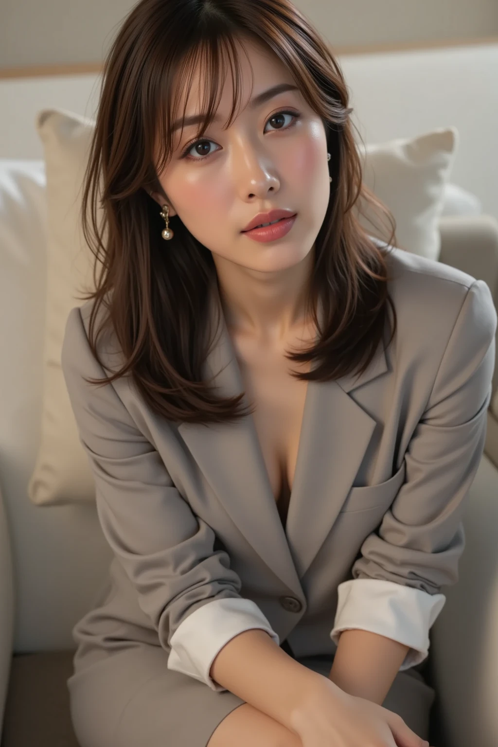 Gorgeus Girl, Beautiful, Baby Face, 17 years old, White Skin, Beside, Sexy Pose, business suits, Blue Eye, Muscles, Bokeh, Modern living room Background, Masterpiece, Fullbody Shot, woman trousers, blazers, soft wavy blunt bangs black hair
